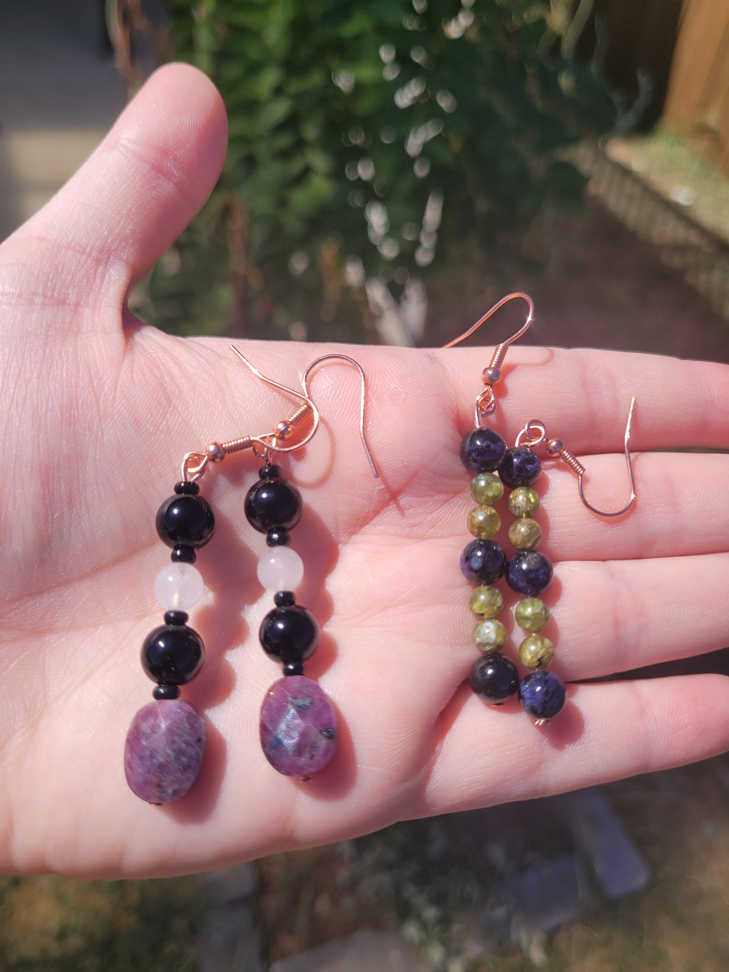 Charoite & Peridot earrings - copper