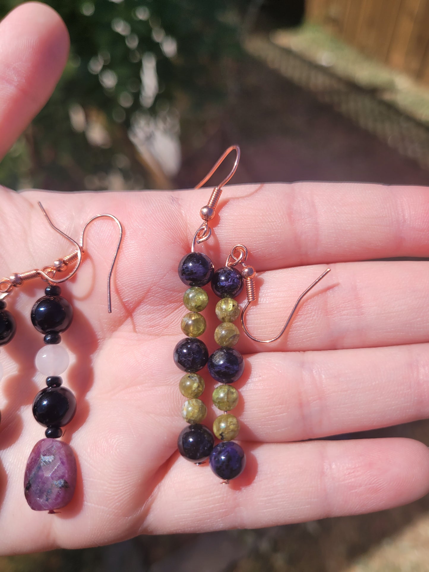 Charoite & Peridot earrings - copper