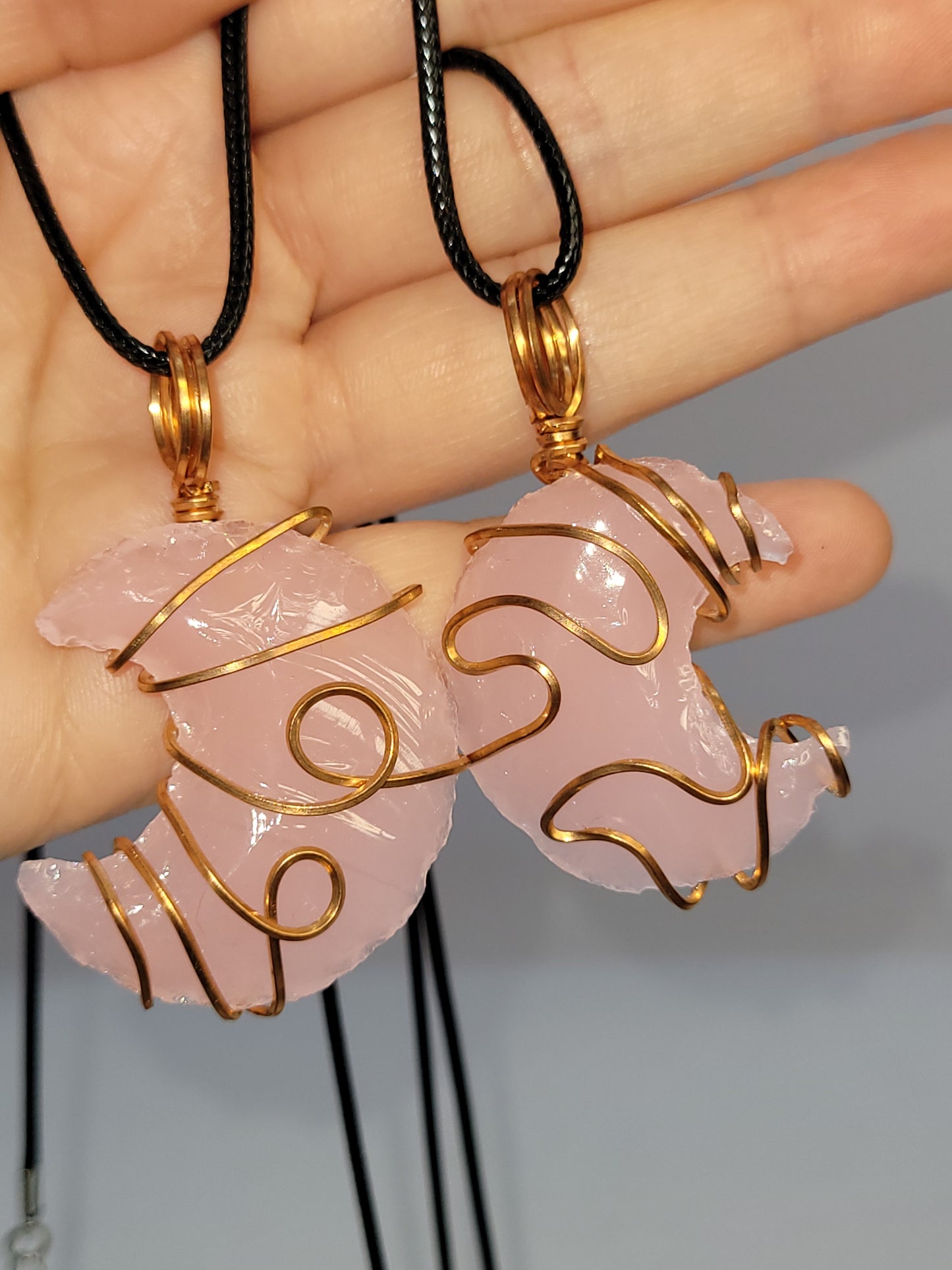 Copper Wrapped Pink Opalite Cresent Moon Neckalces - Handmade