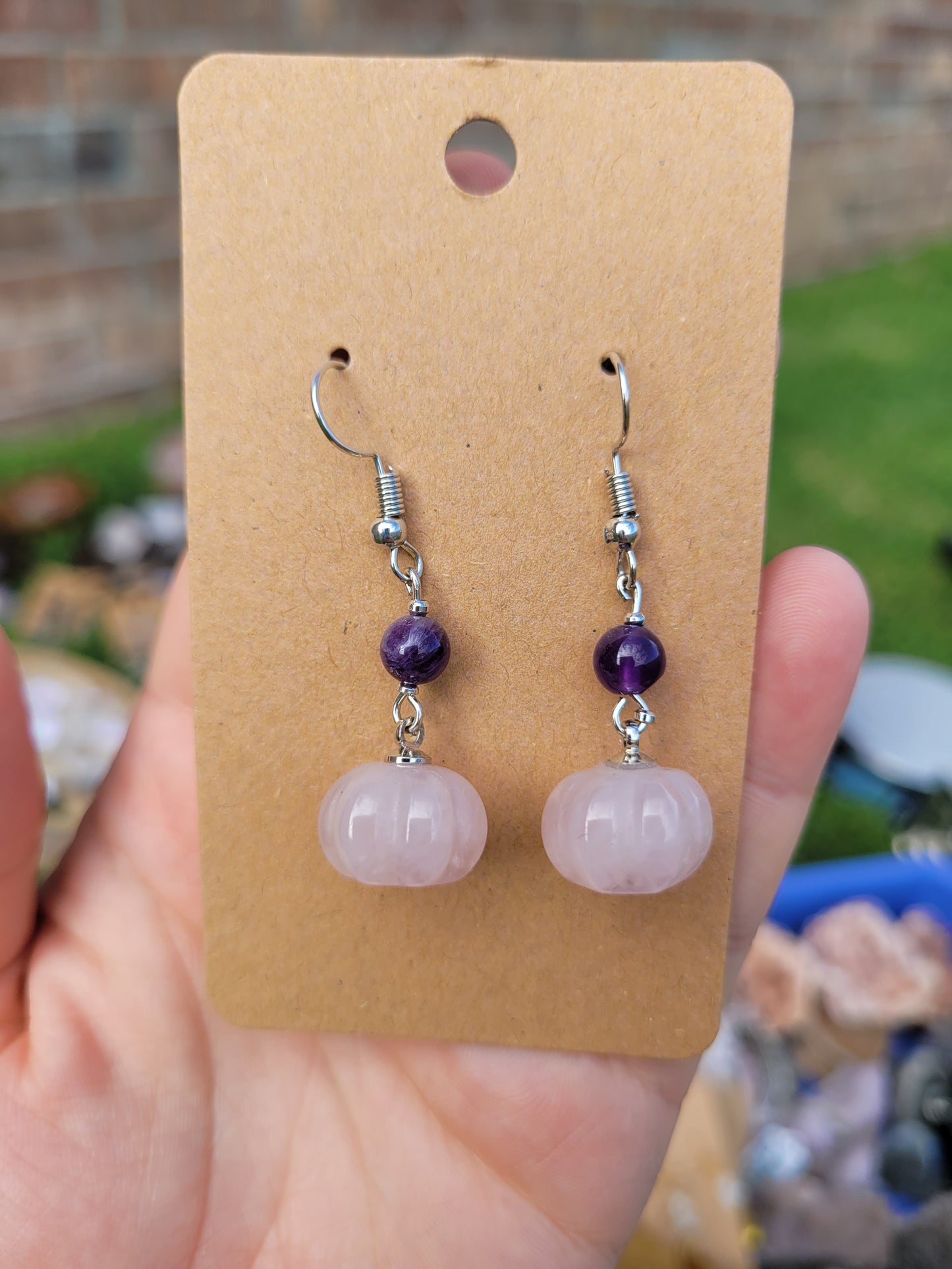 Pink Opalite Crescent Moon Necklace / Pumpkin Earrings Set