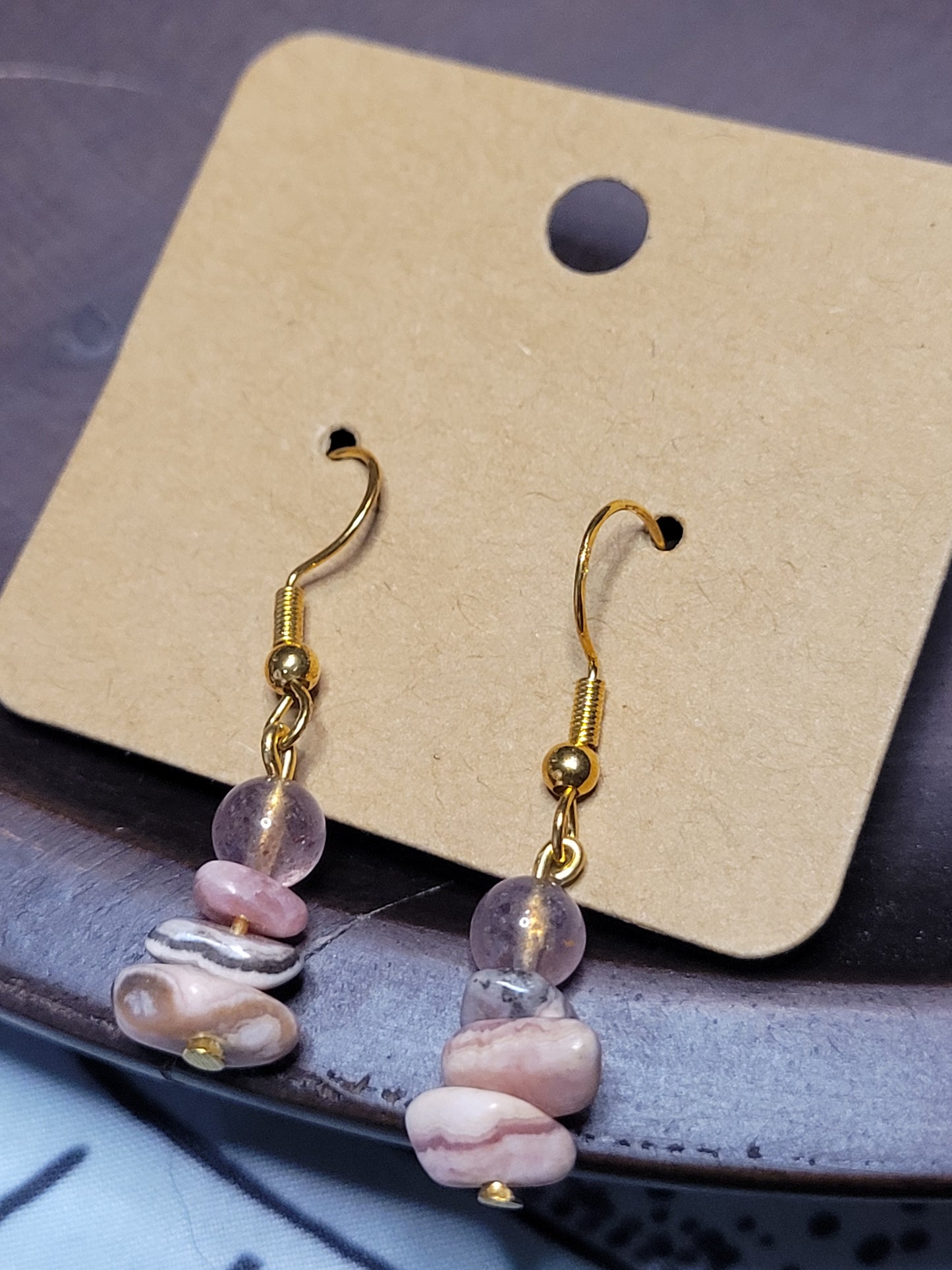 Strawberry Rose Quartz & Rhodochrosite Earrings - Gold