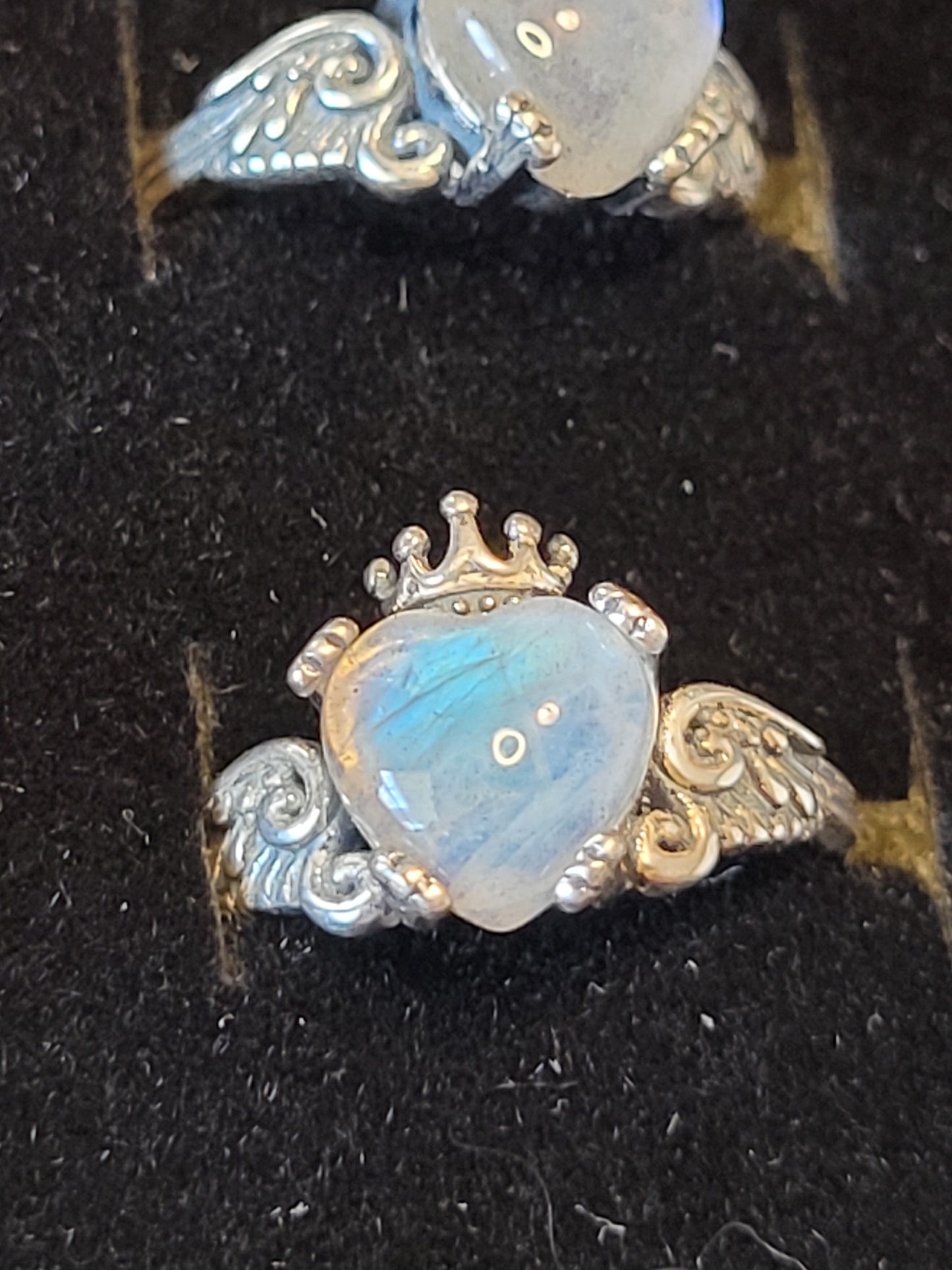 .925 Silver, Adjustable, Heart cut, Moonstone, Winged, Crowned Ring