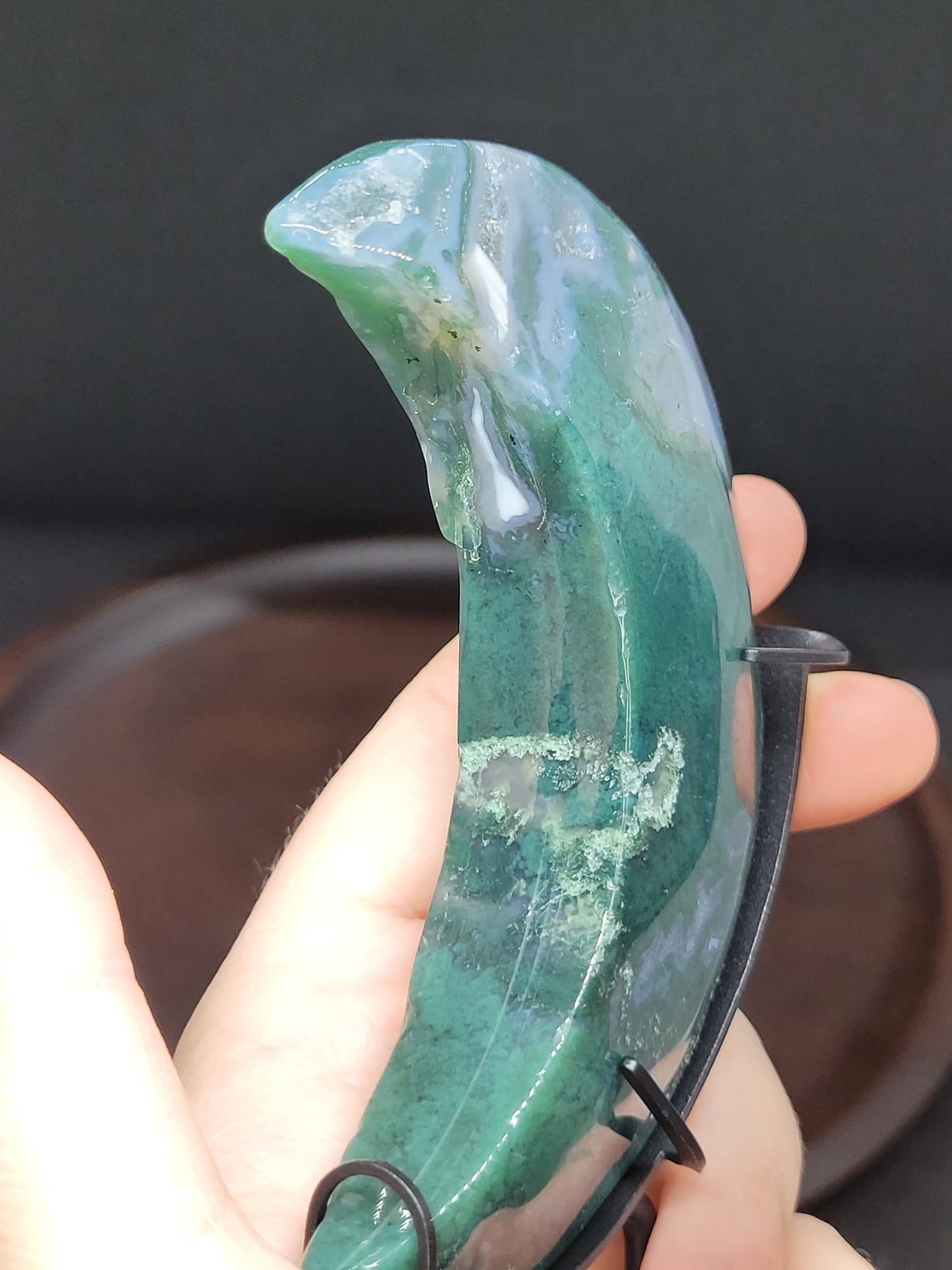 Moss Agate Crescent Moon on Stand