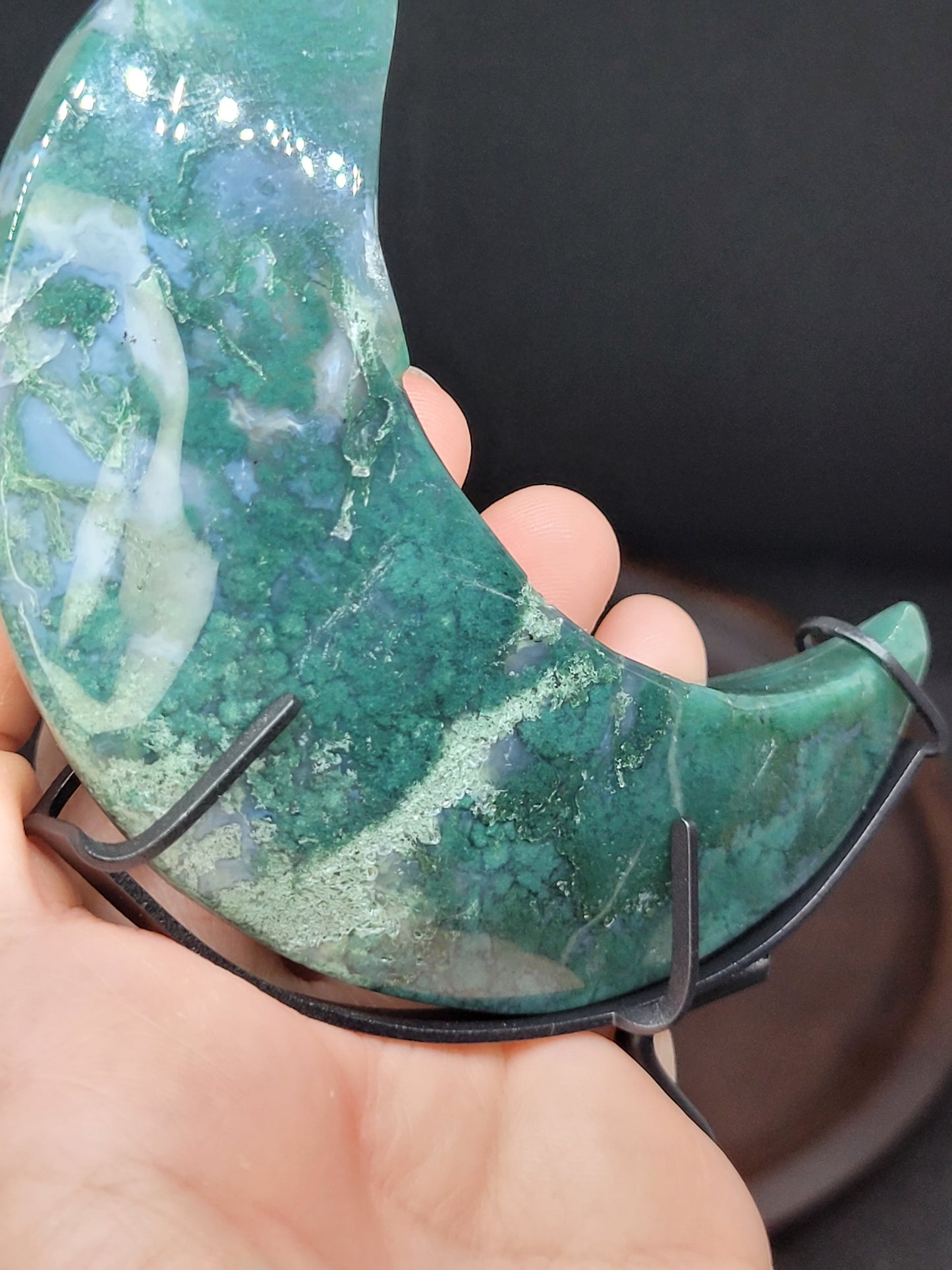 Moss Agate Crescent Moon on Stand