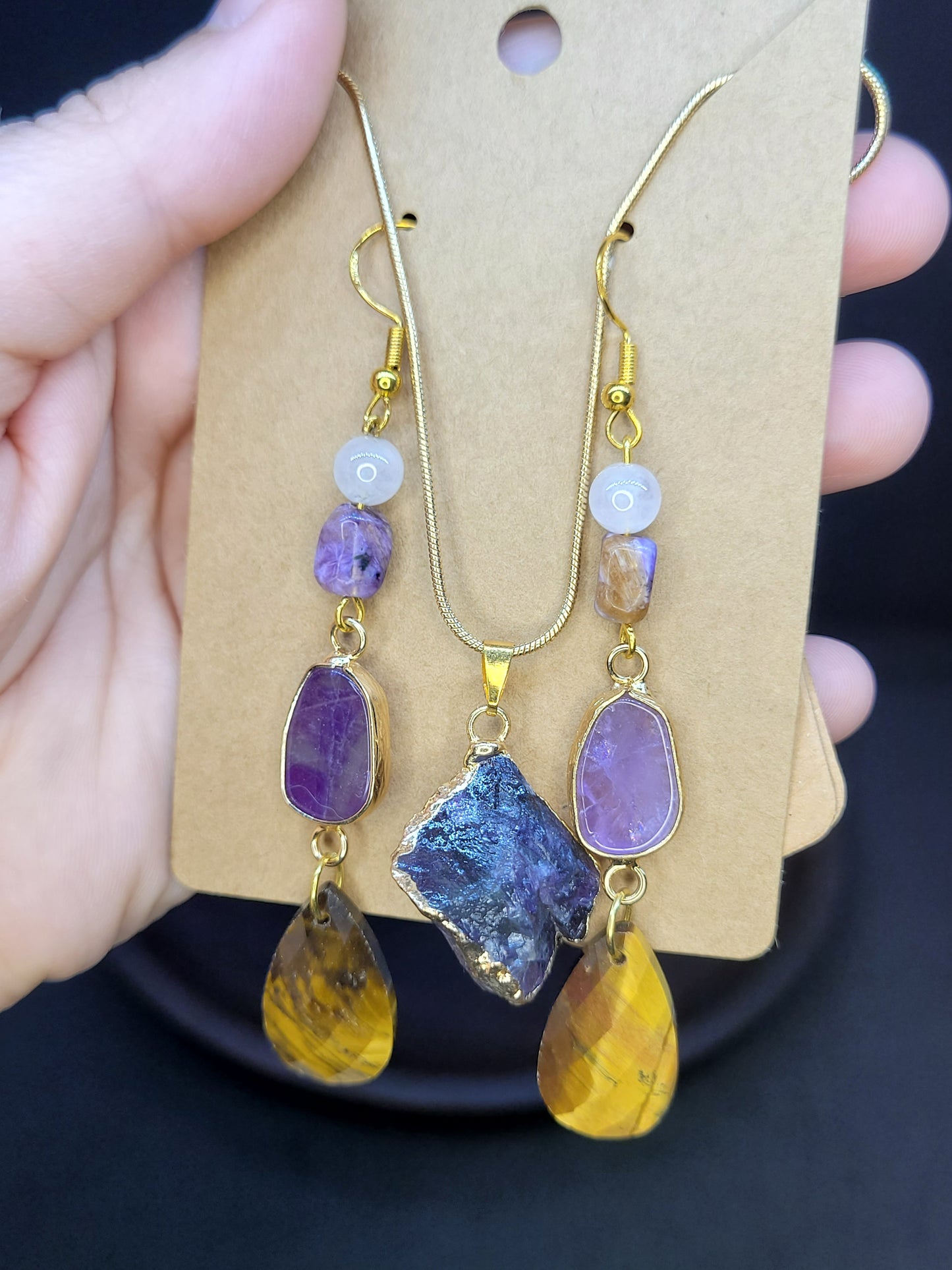 Amethyst, TIger's Eye Necklace/Earrings set
