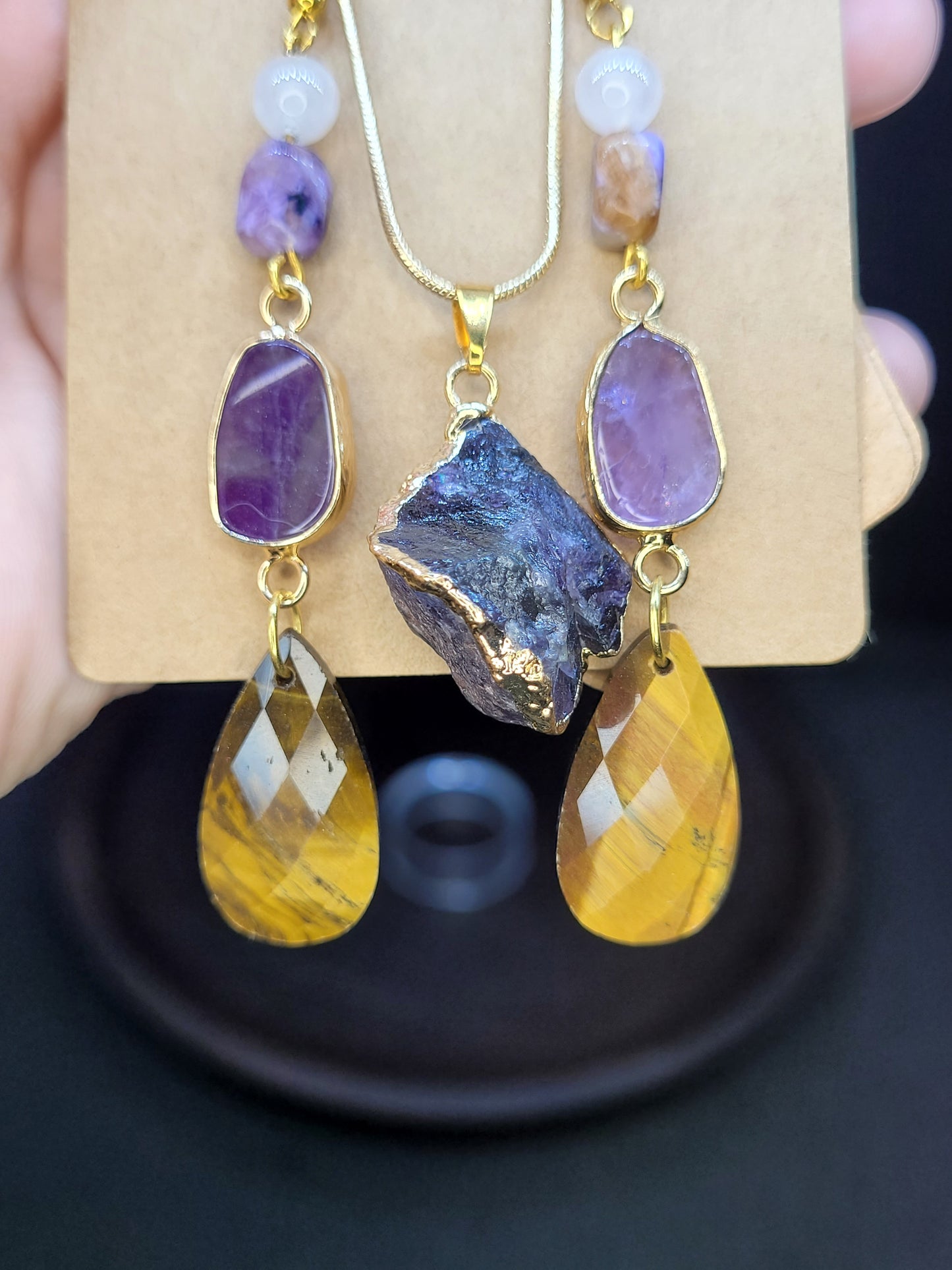 Amethyst, TIger's Eye Necklace/Earrings set