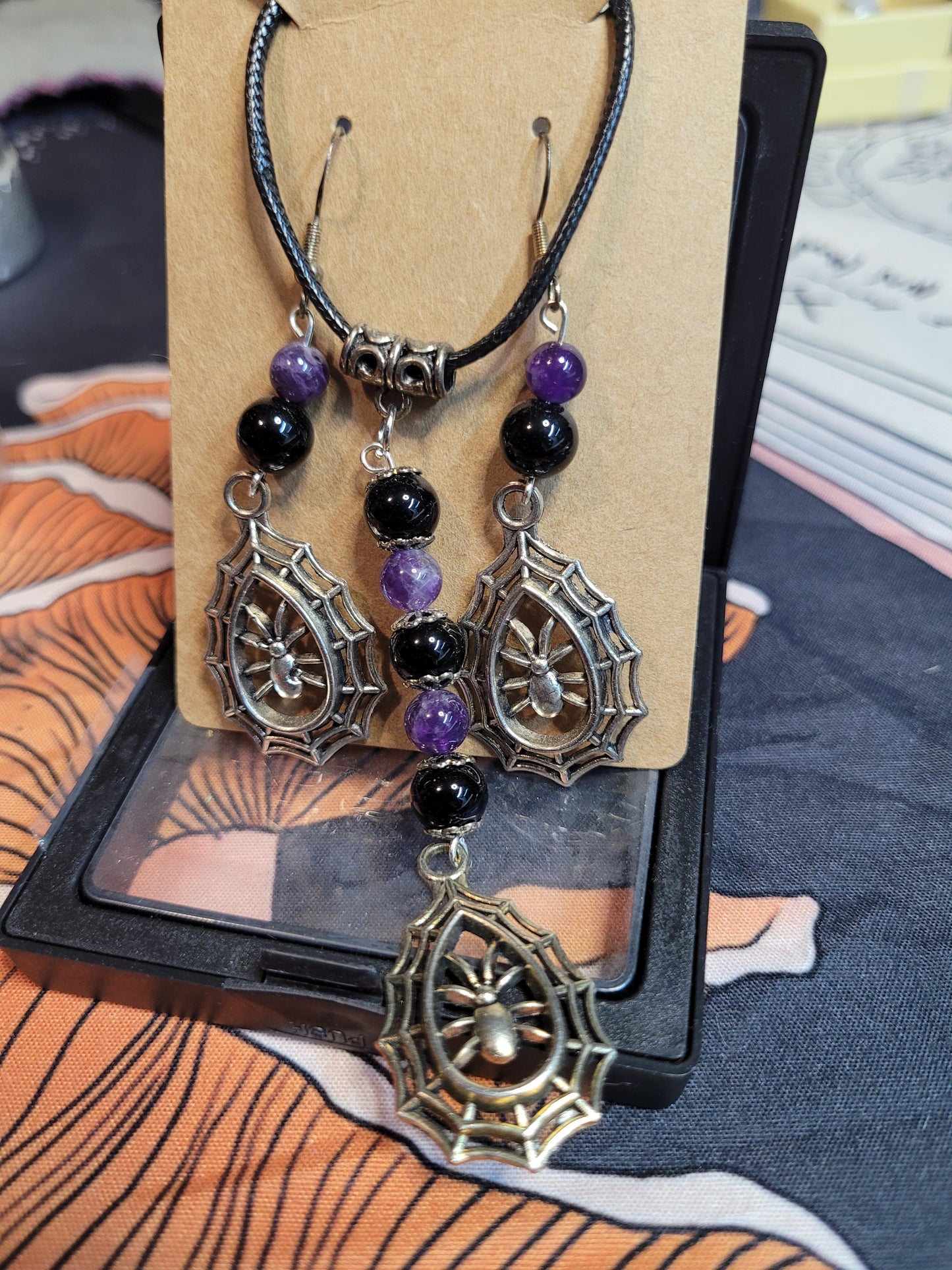 Obsidian/Amethyst 8mm bead Spider charm Necklace/ Earrings set - Handmade
