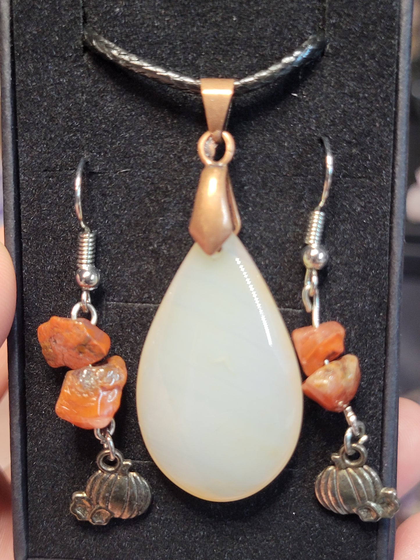 Carnelian Tear Drop Necklace / Pumpkin Earrings Set - Handmade