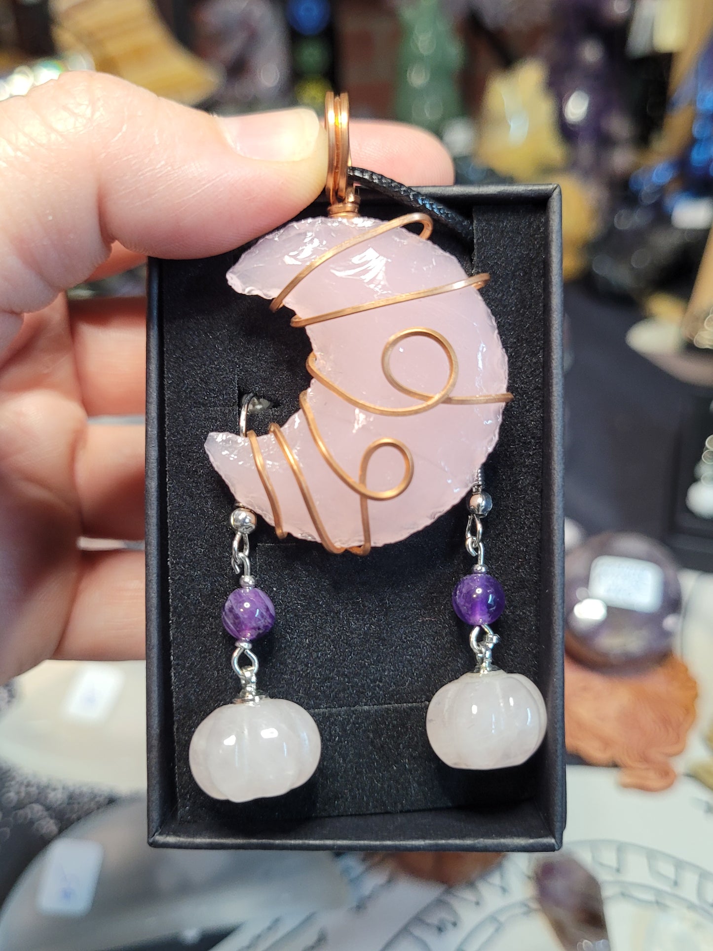 Pink Opalite Crescent Moon Necklace / Pumpkin Earrings Set - Handmade
