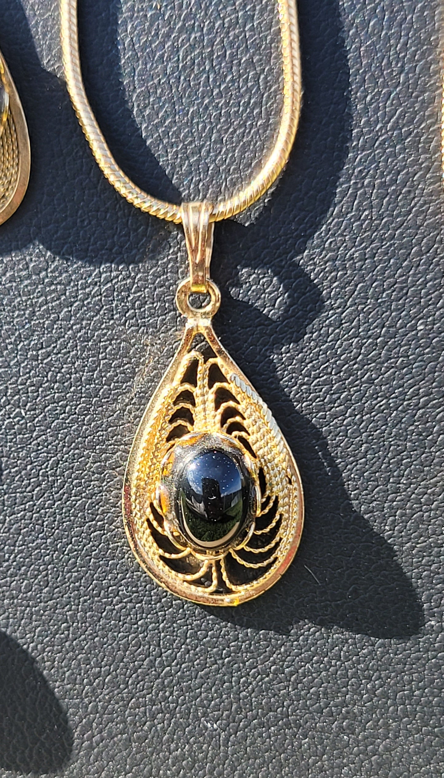 Obsidian Cab - Tear Drop Pendant Necklace - Gold