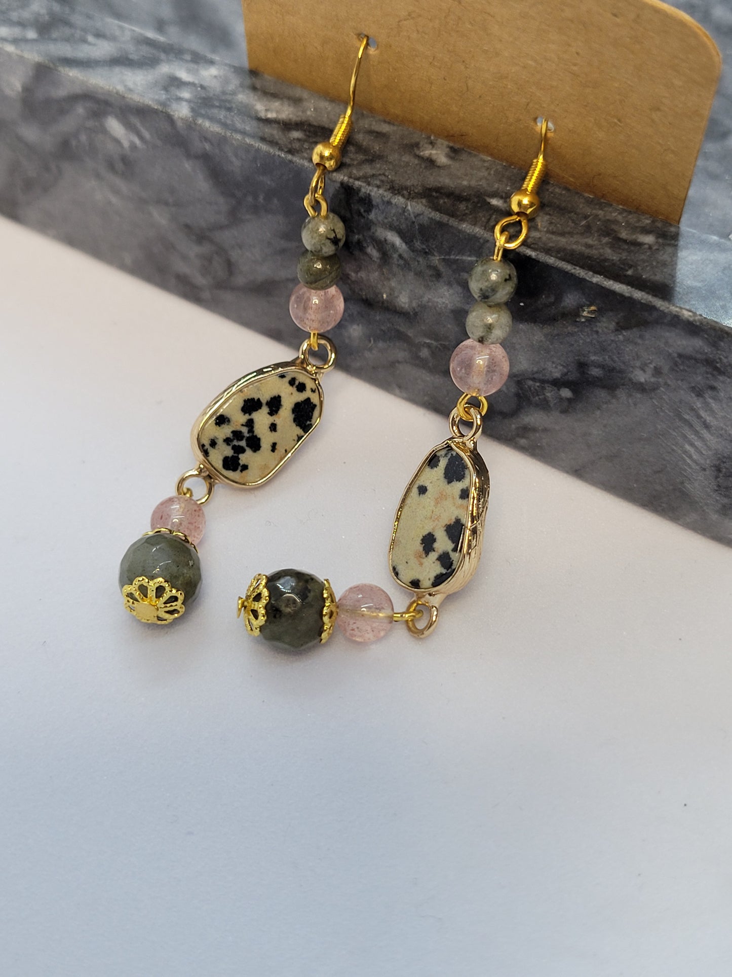 Dalmatian Jasper, Labradorite & Strawberry Quartz Earrings - Gold - Handmade