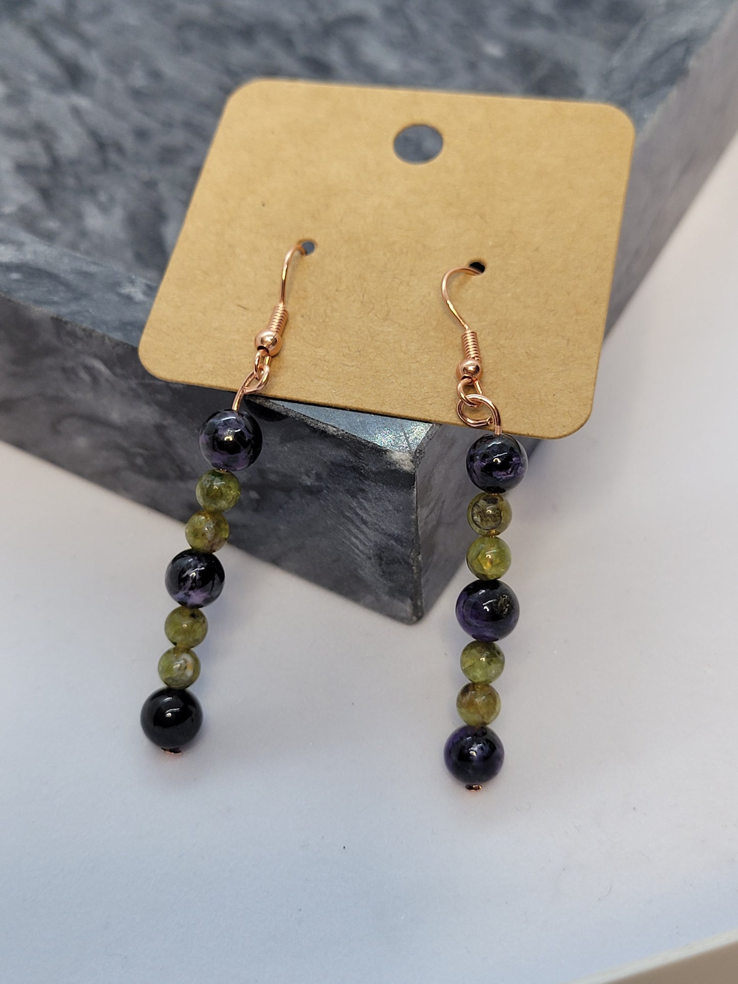 Charoite & Peridot Earrings - Copper - Handmade