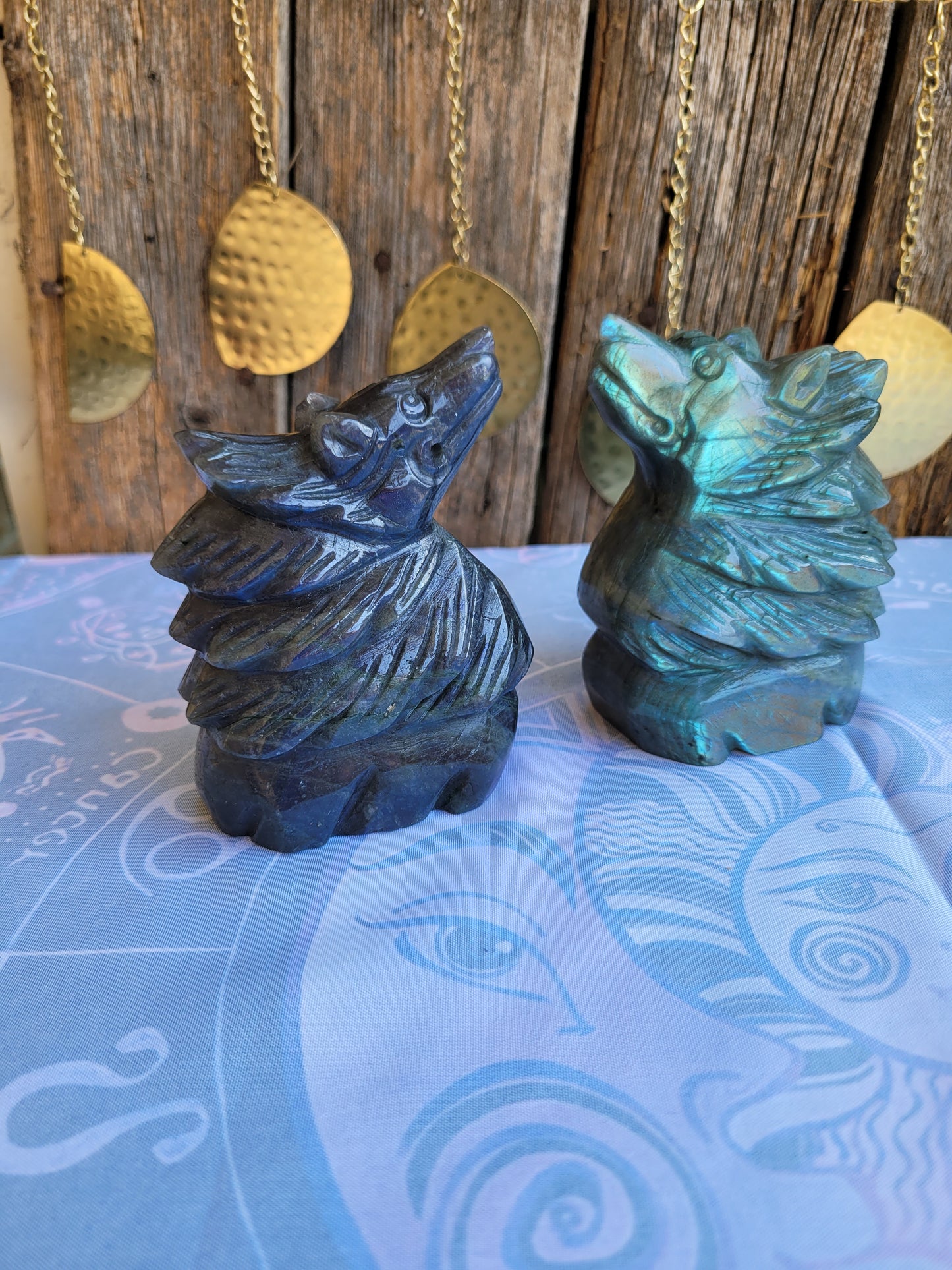 Large Labradorite Wolf carvings