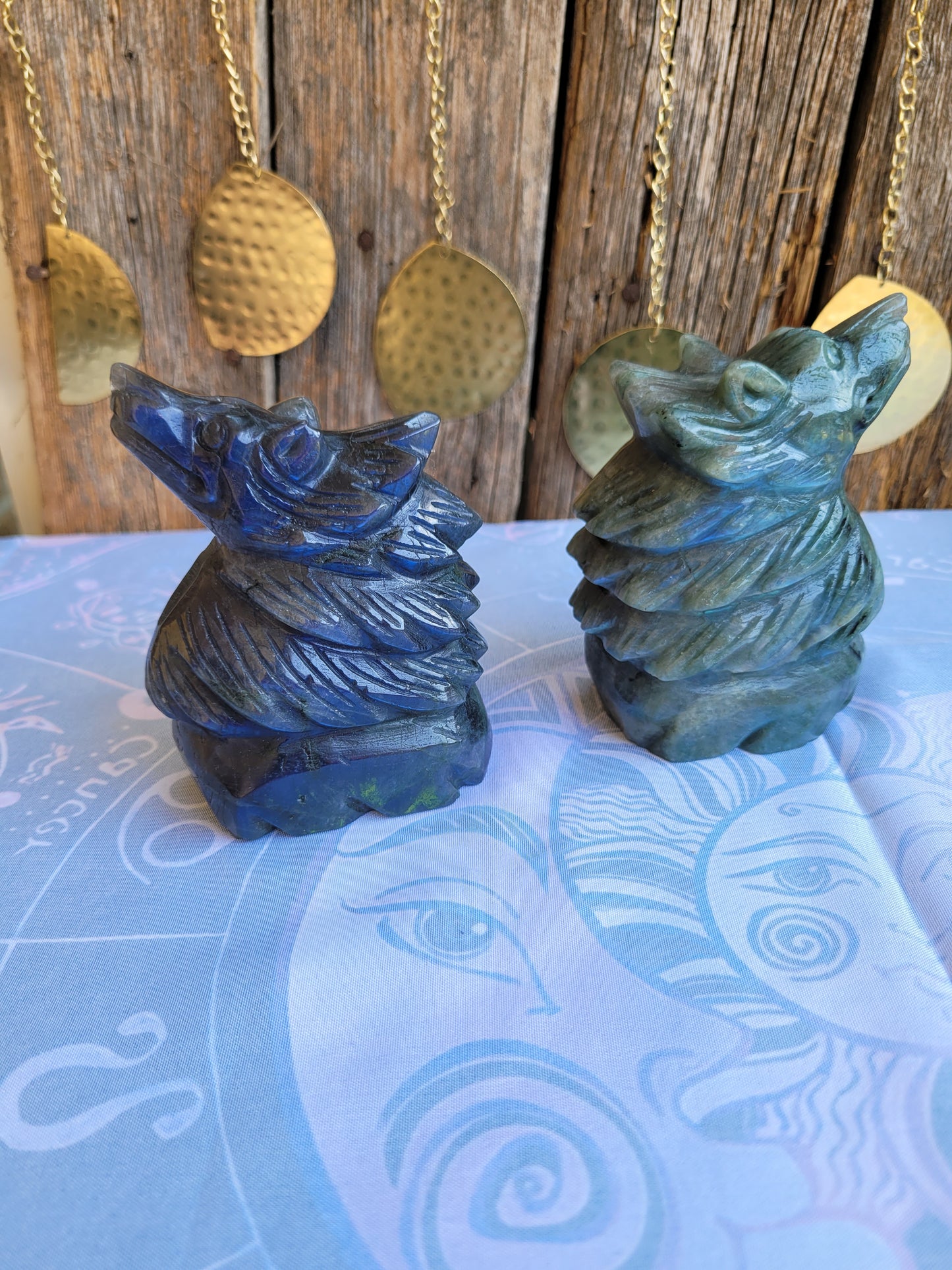 Large Labradorite Wolf carvings