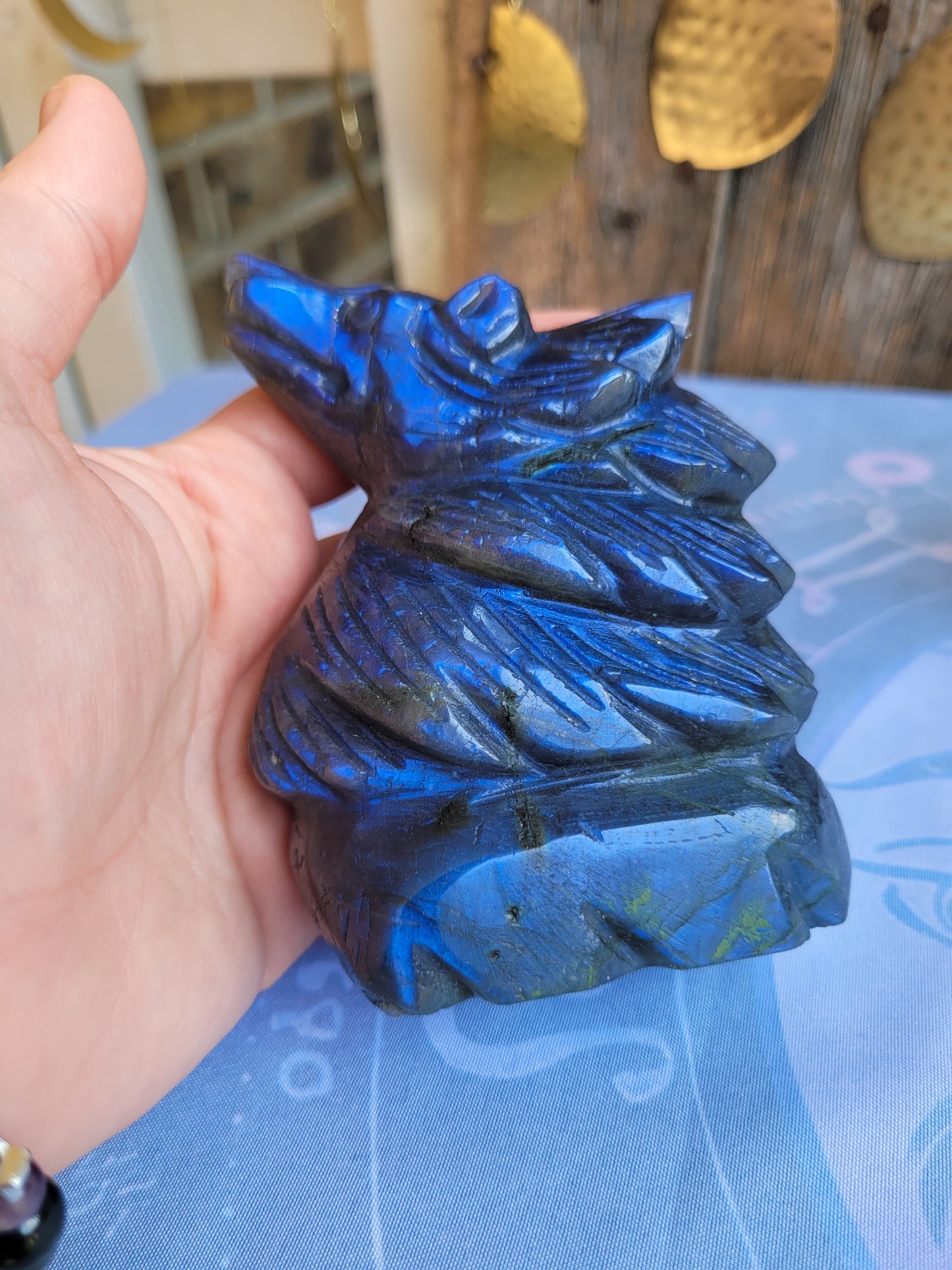 Large Labradorite Wolf carvings