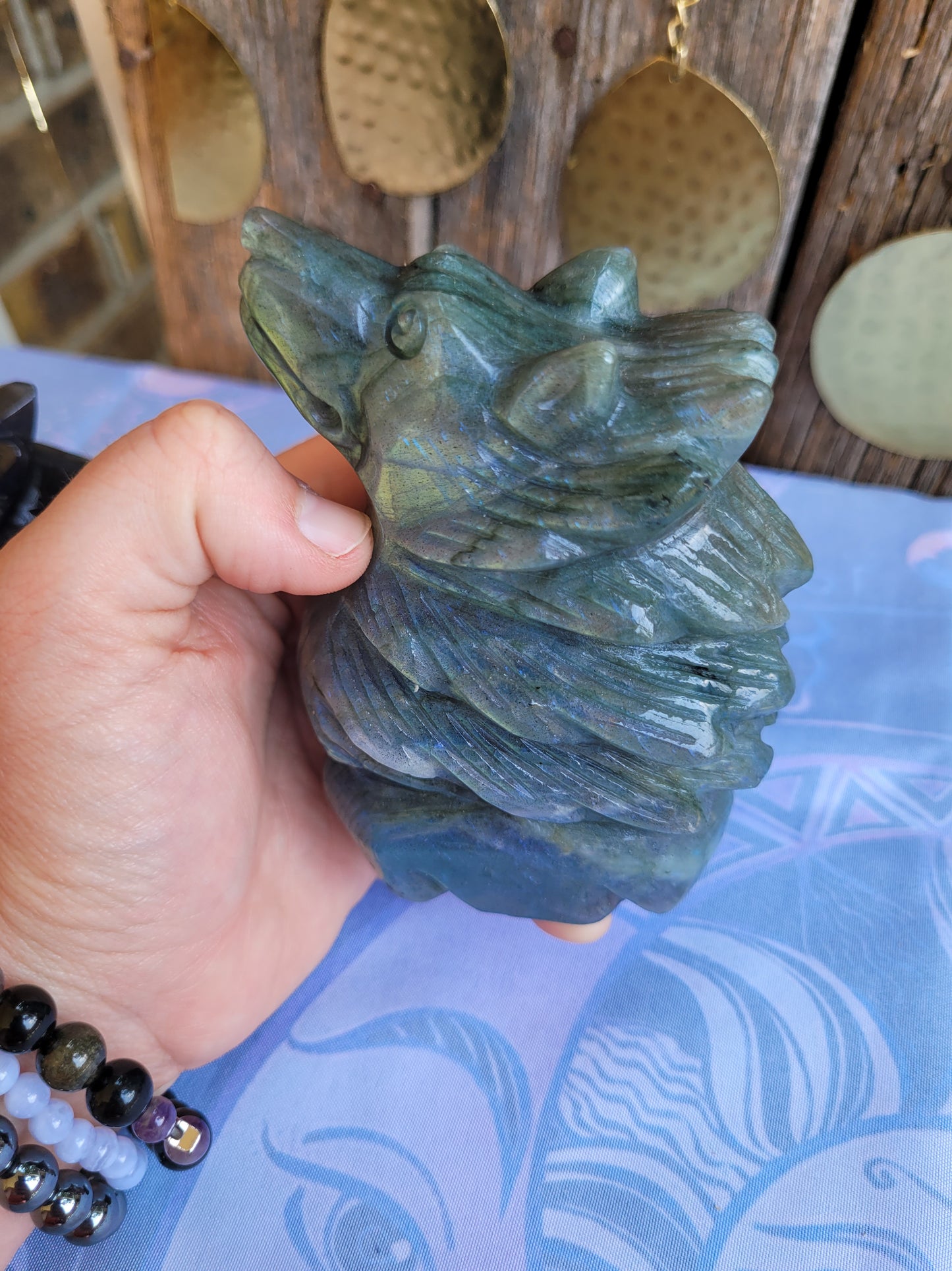 Large Labradorite Wolf carvings