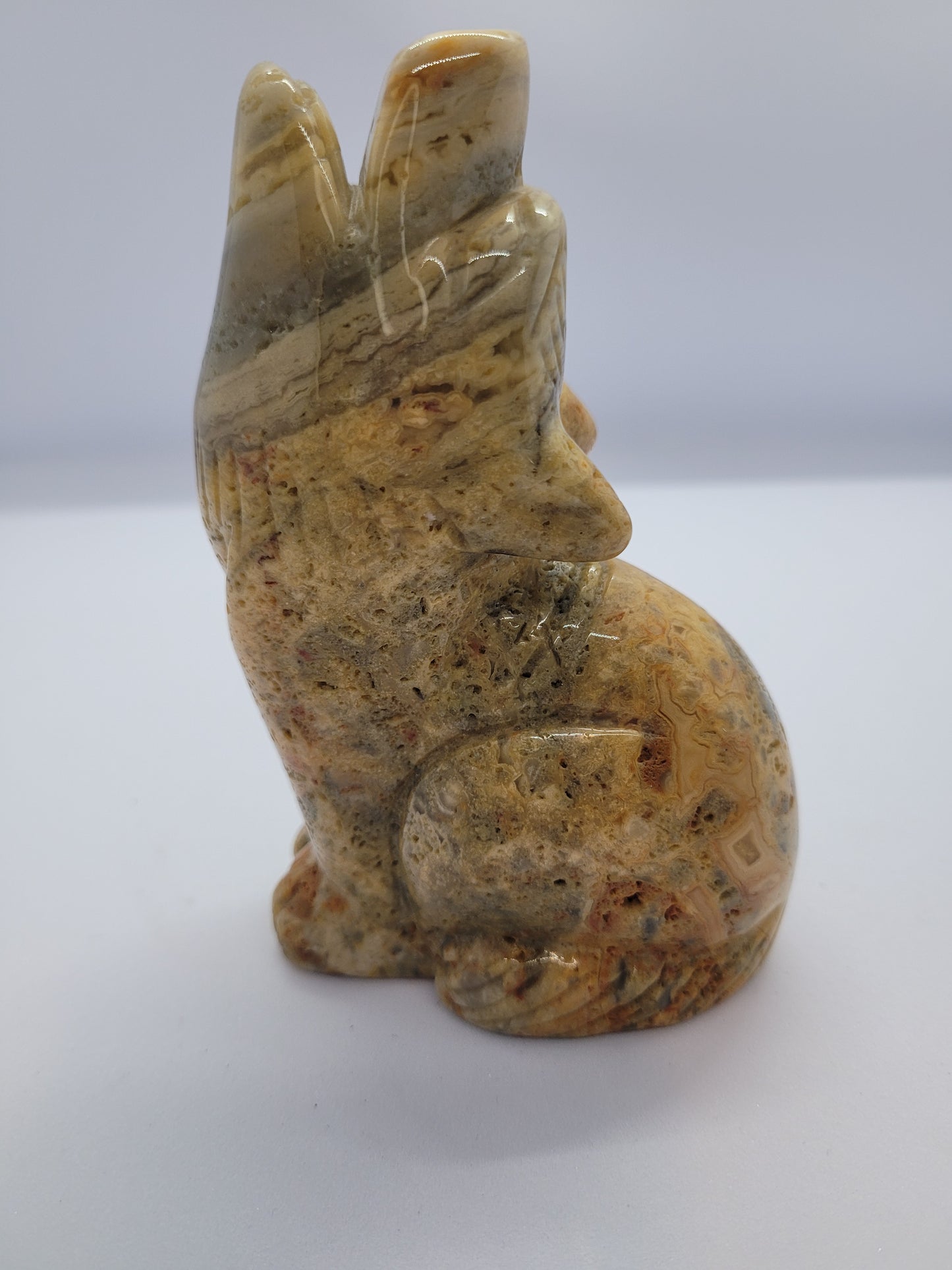 Yellow Crazy Lace Agate Howling Wolf carving - large