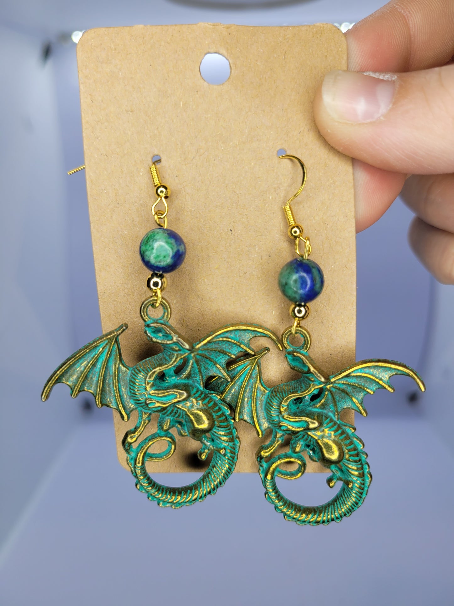 Azurite, Chrysocolla with teal dragon charm earrings- gold