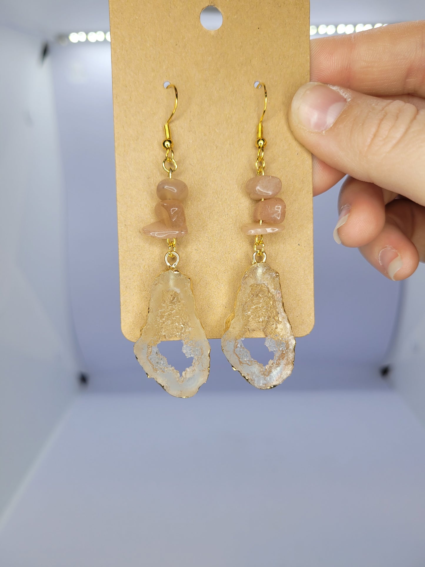 Sunstone Chips, Resin Agate slice earrings - gold