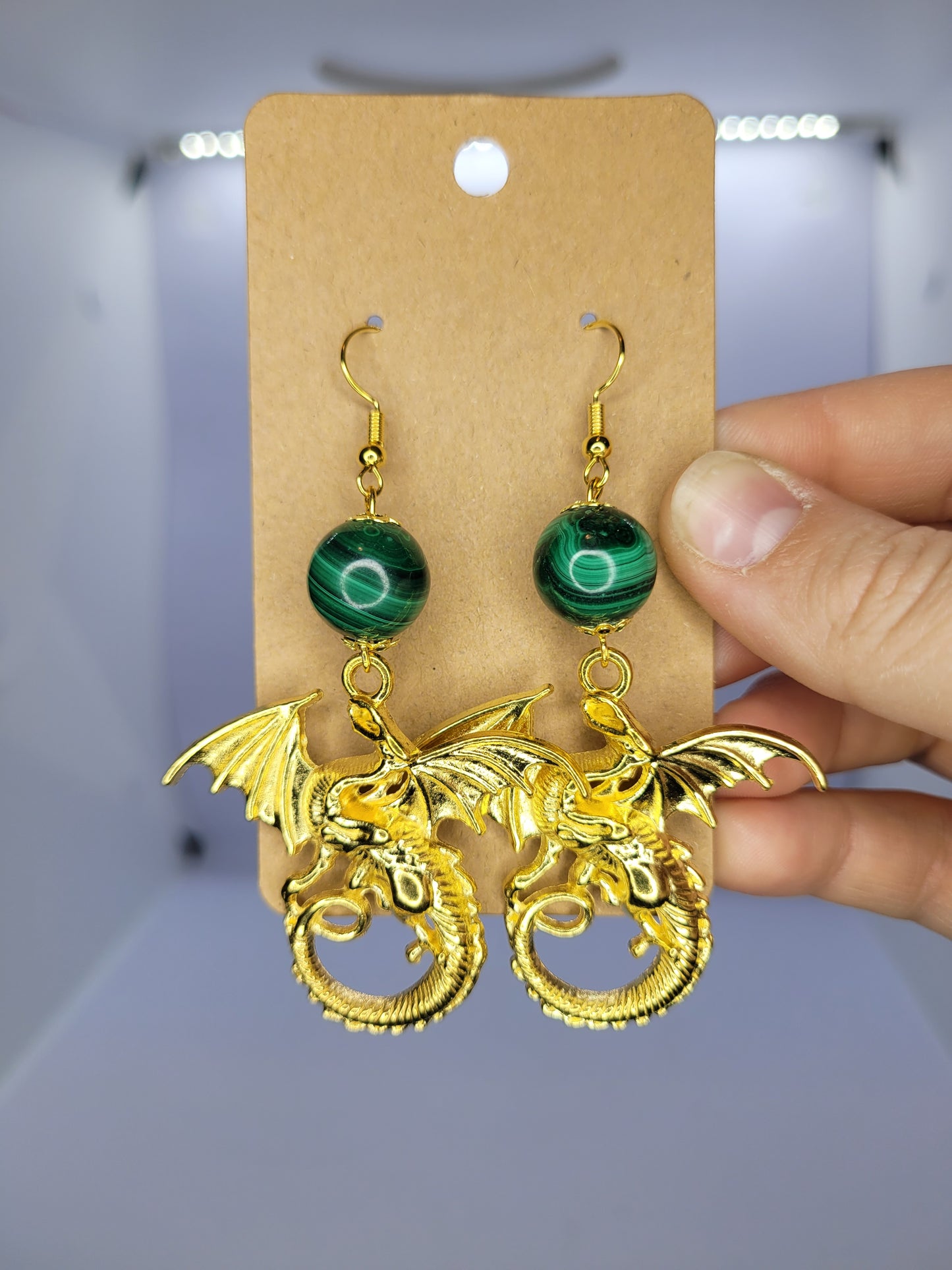 Malachite - Gold dragon charm earrings - Gold