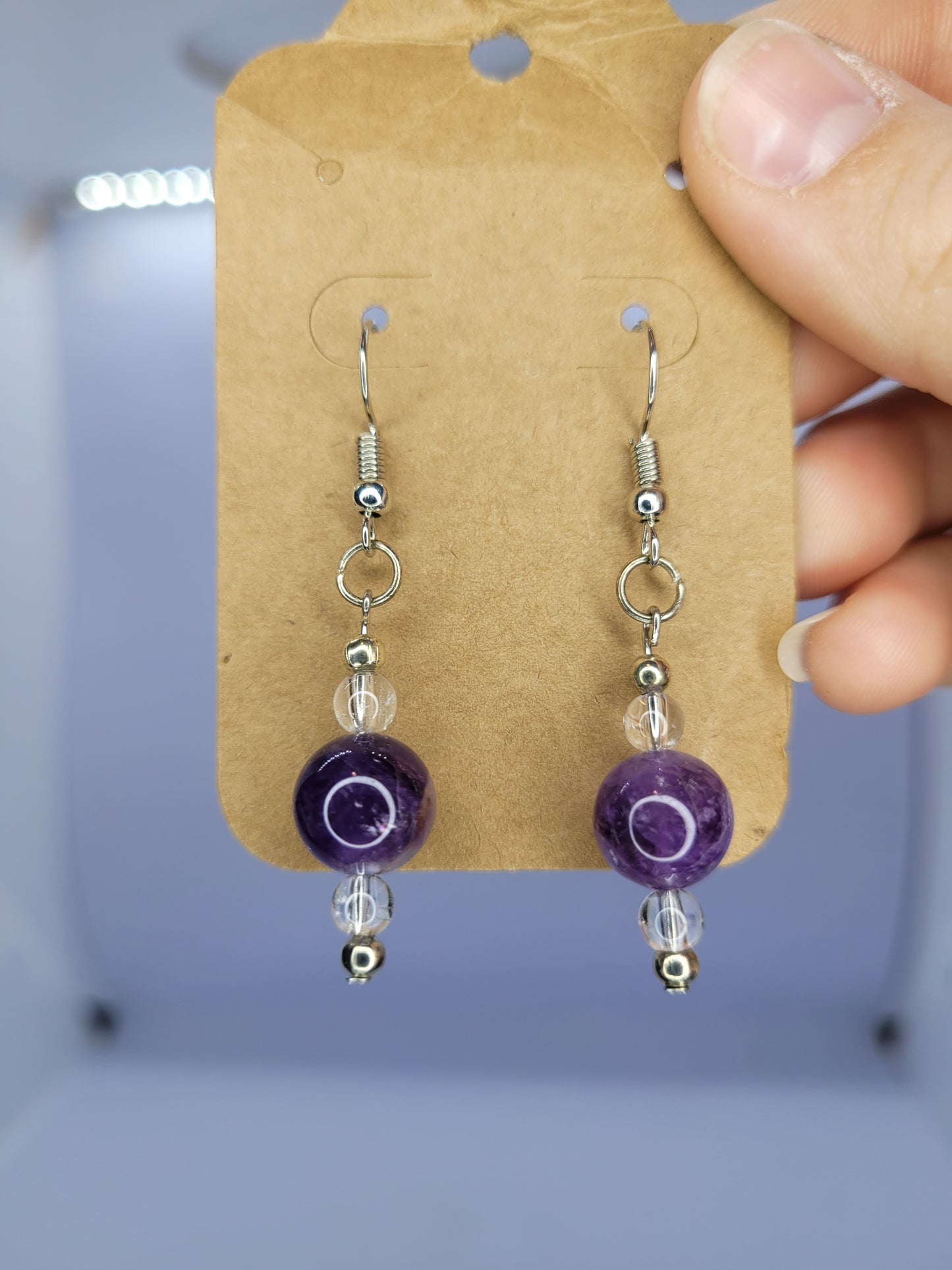 Amethyst, Clear quartz bead earrings - silver