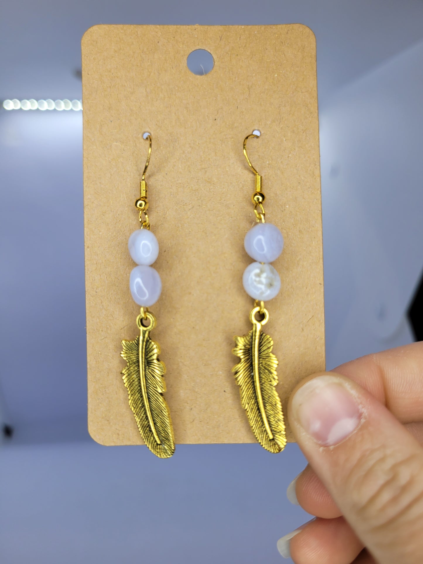 Blue Lace Agate chip, gold feather charm earrings - Gold