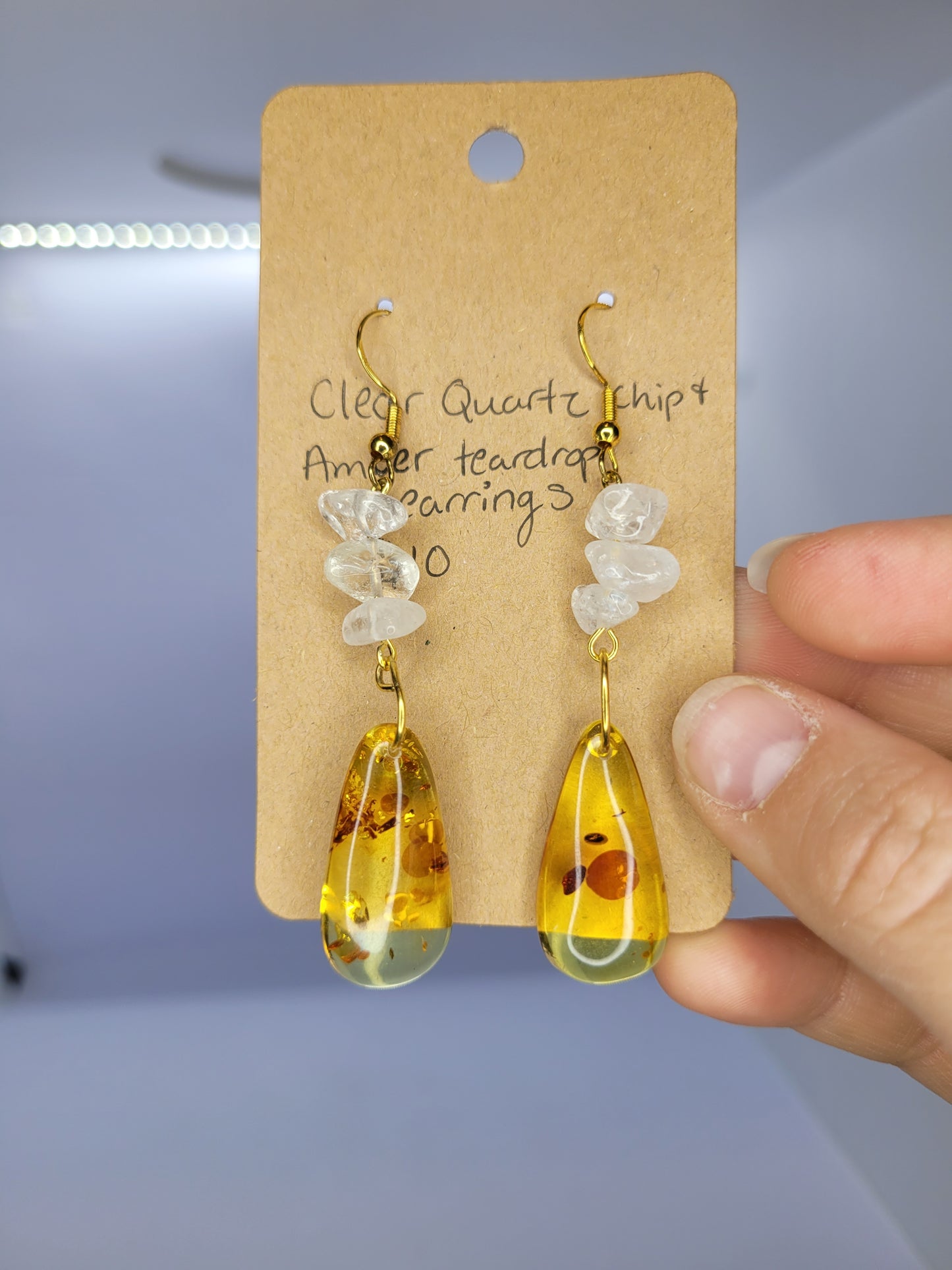 Clear Quartz chip, Amber Teardrop Pendant Earrings- Gold