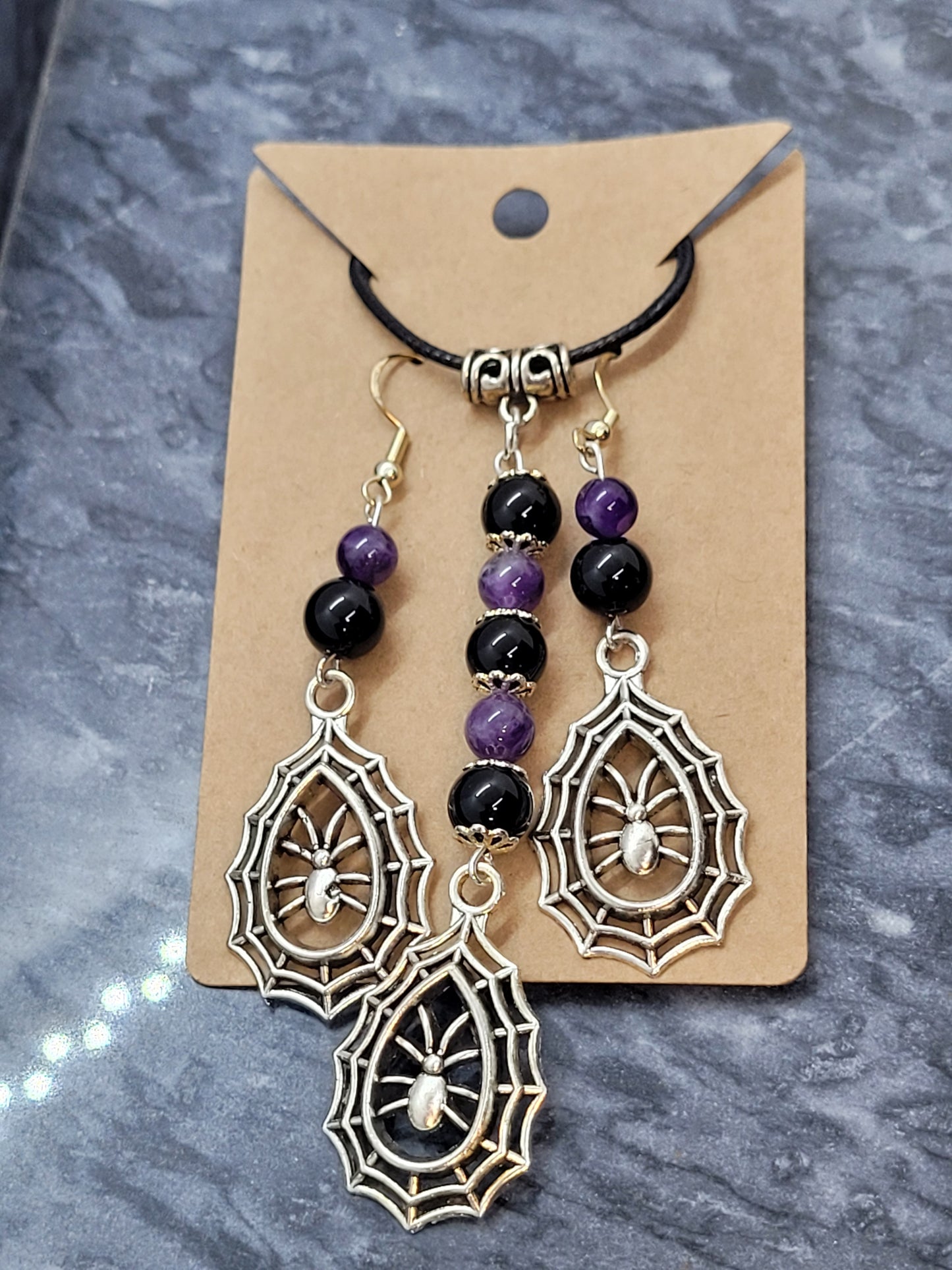 Obsidian/Amethyst 8mm bead Spider charm Necklace/ Earrings set - Handmade