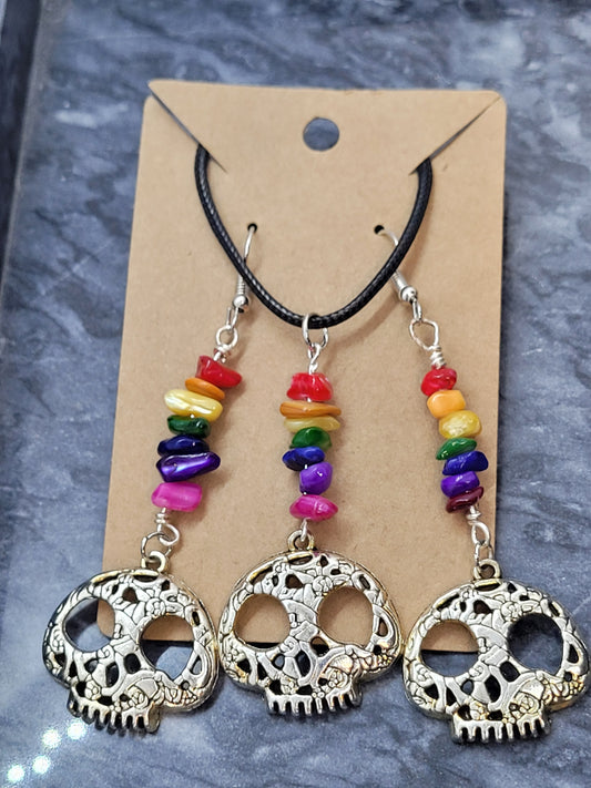 Rainbow Dyed Agate Sugar Skull Earrings & Necklace Set