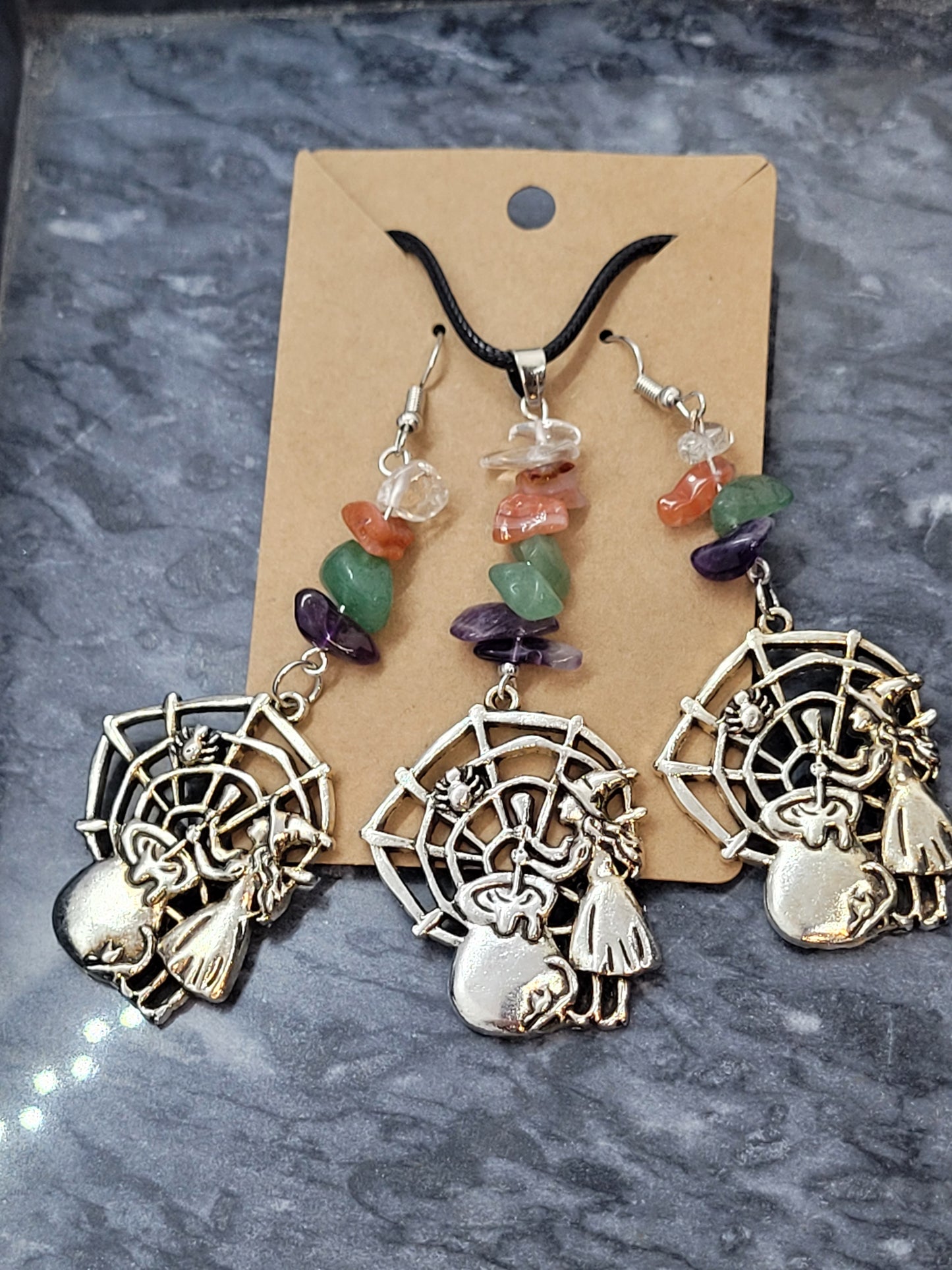 Amethyst, Clear Quartz, Carnelian, Green Aventurine WItch Earring & Necklace Set