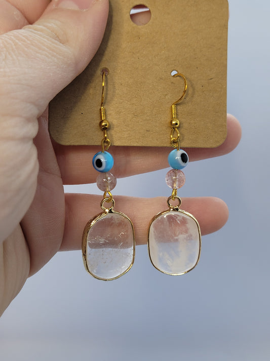 Clear quartz pendant, evil eye earrings - gold