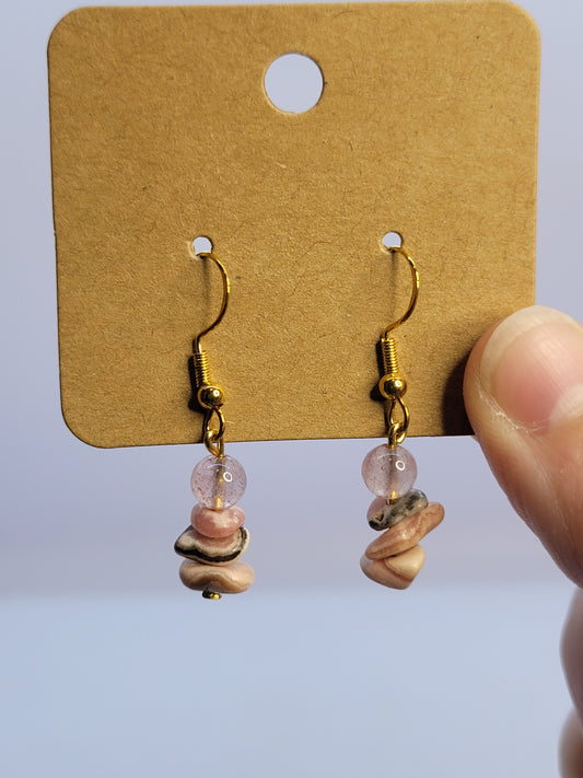 Strawberry Rose Quartz & Rhodochrosite Earrings - Gold