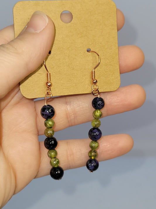 Charoite & Peridot earrings - copper
