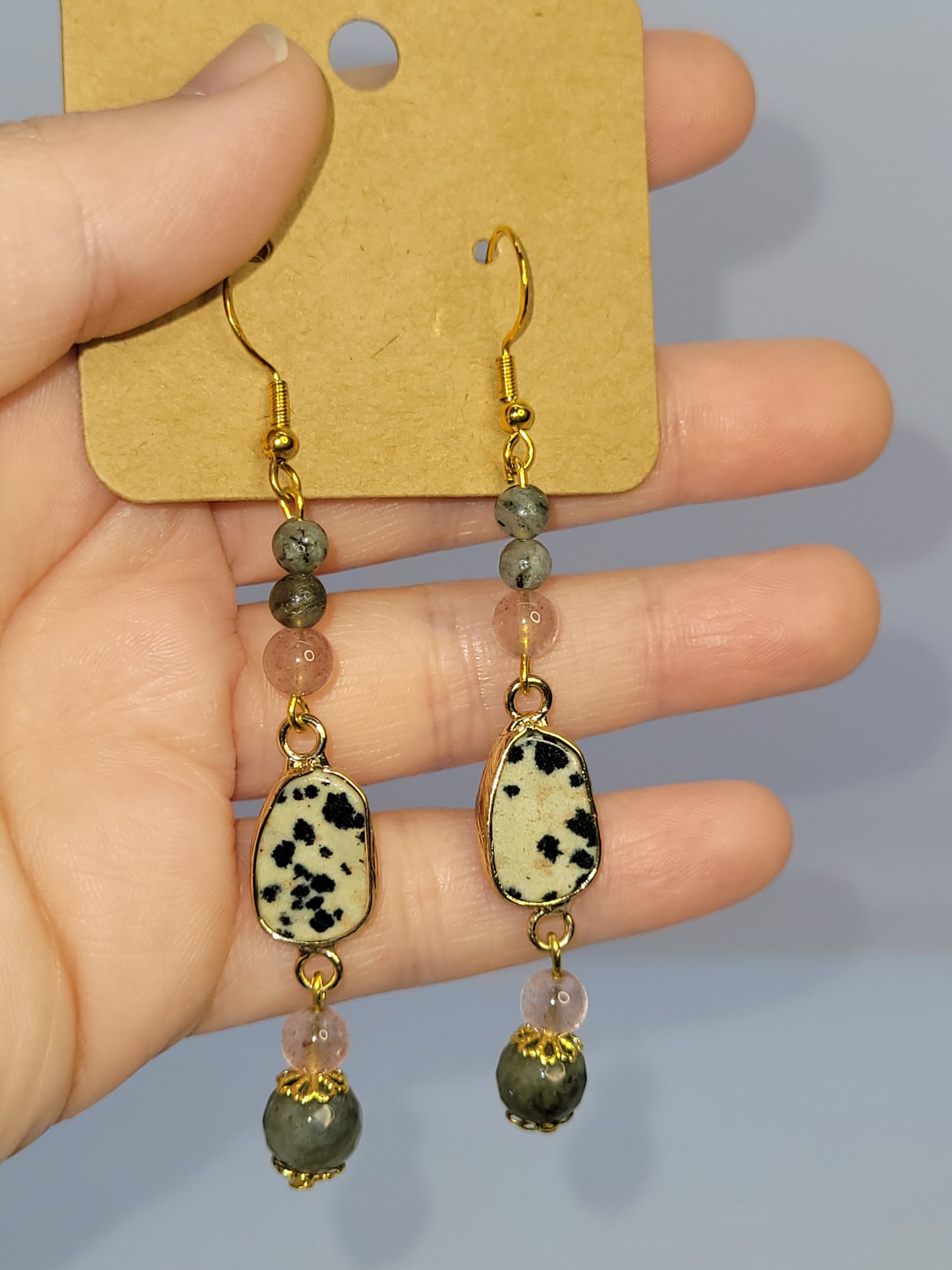 Dalmatian Jasper, Labradorite & Strawberry Quartz earrings - gold