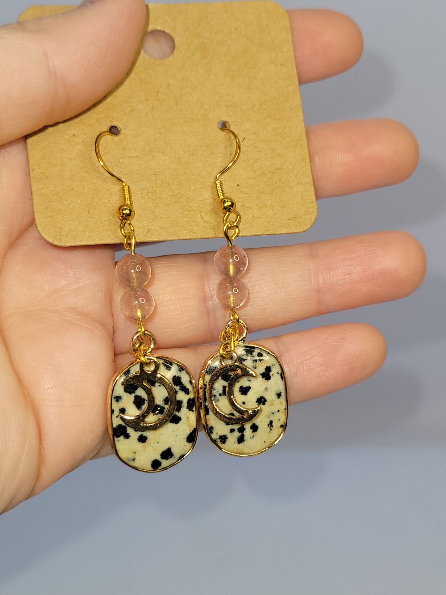 Dalmatian Jasper/ Strawberry Quartz Moon earrings - Gold