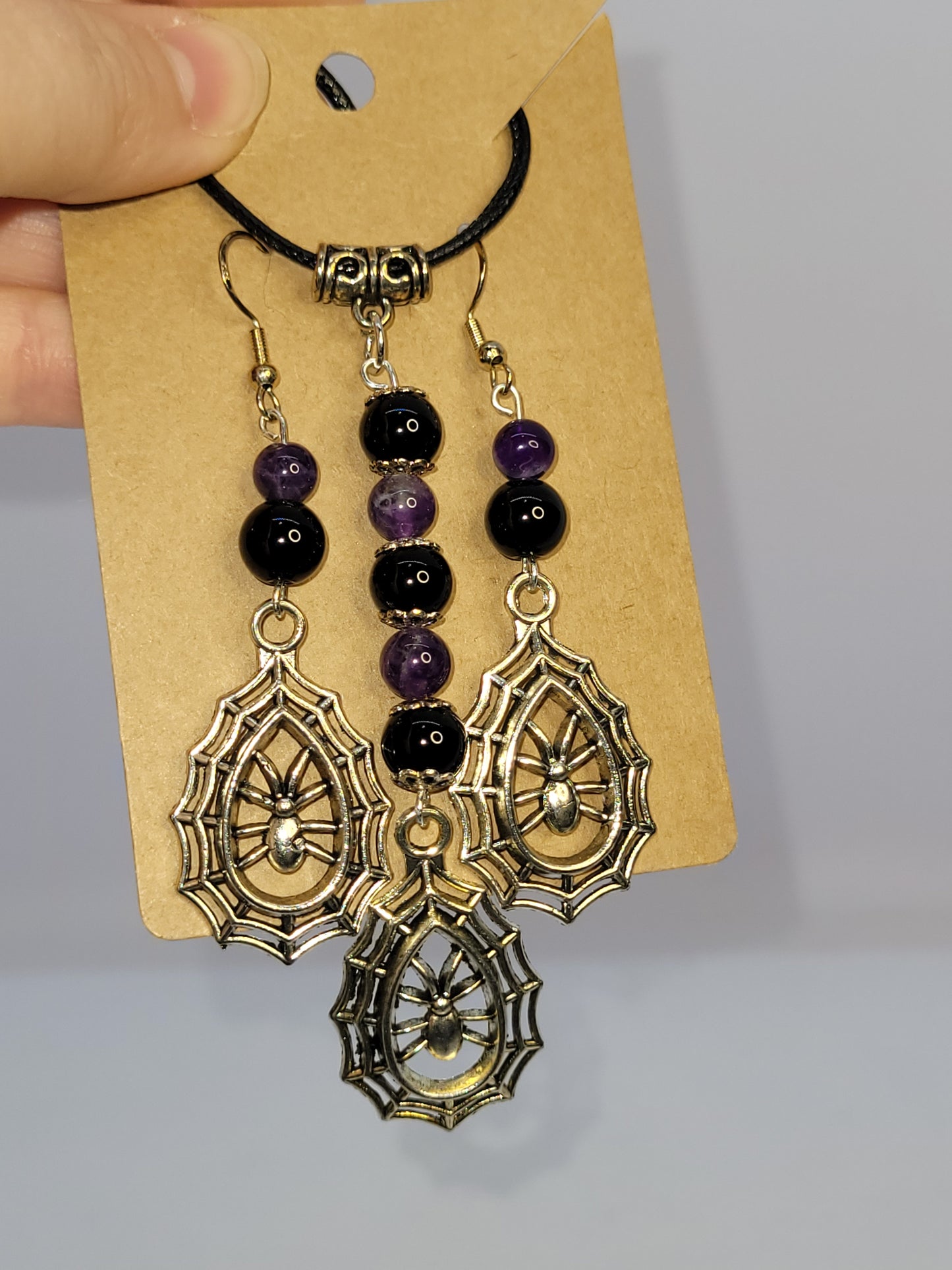 Obsidian/Amethyst 8mm bead Spider charm Necklace/ Earrings set - Handmade