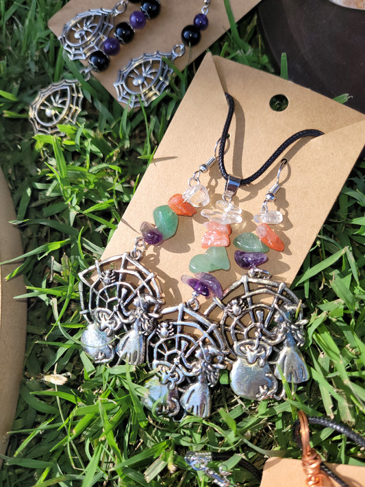 Amethyst, Clear Quartz, Carnelian, Green Aventurine WItch Earring & Necklace Set