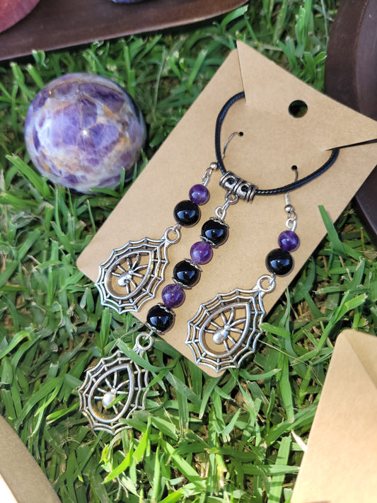 Obsidian/Amethyst 8mm bead Spider charm Necklace/ Earrings set - Handmade