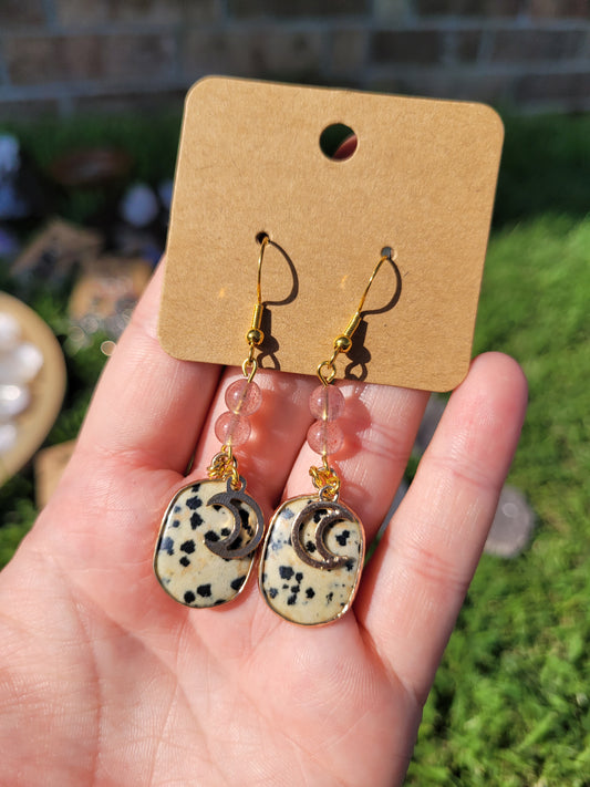 Dalmatian Jasper/ Strawberry Quartz Moon Earrings - Gold - Handmade