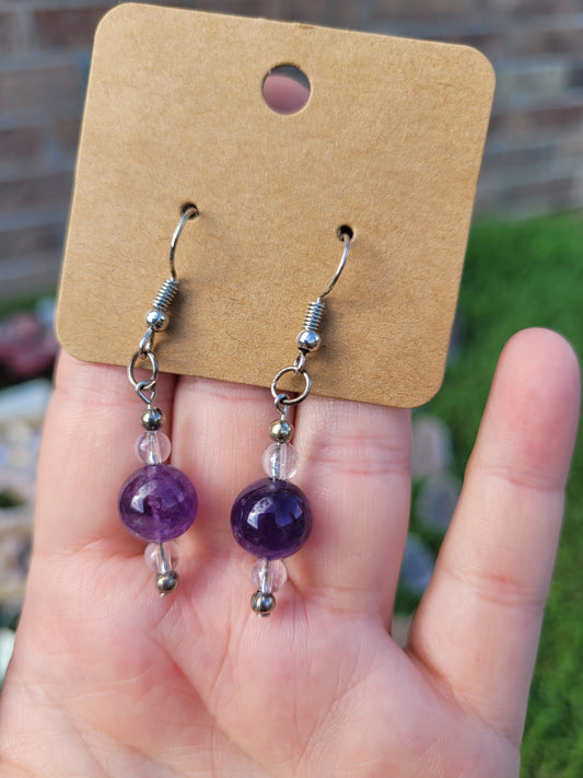 Amethyst, Clear quartz bead earrings - silver
