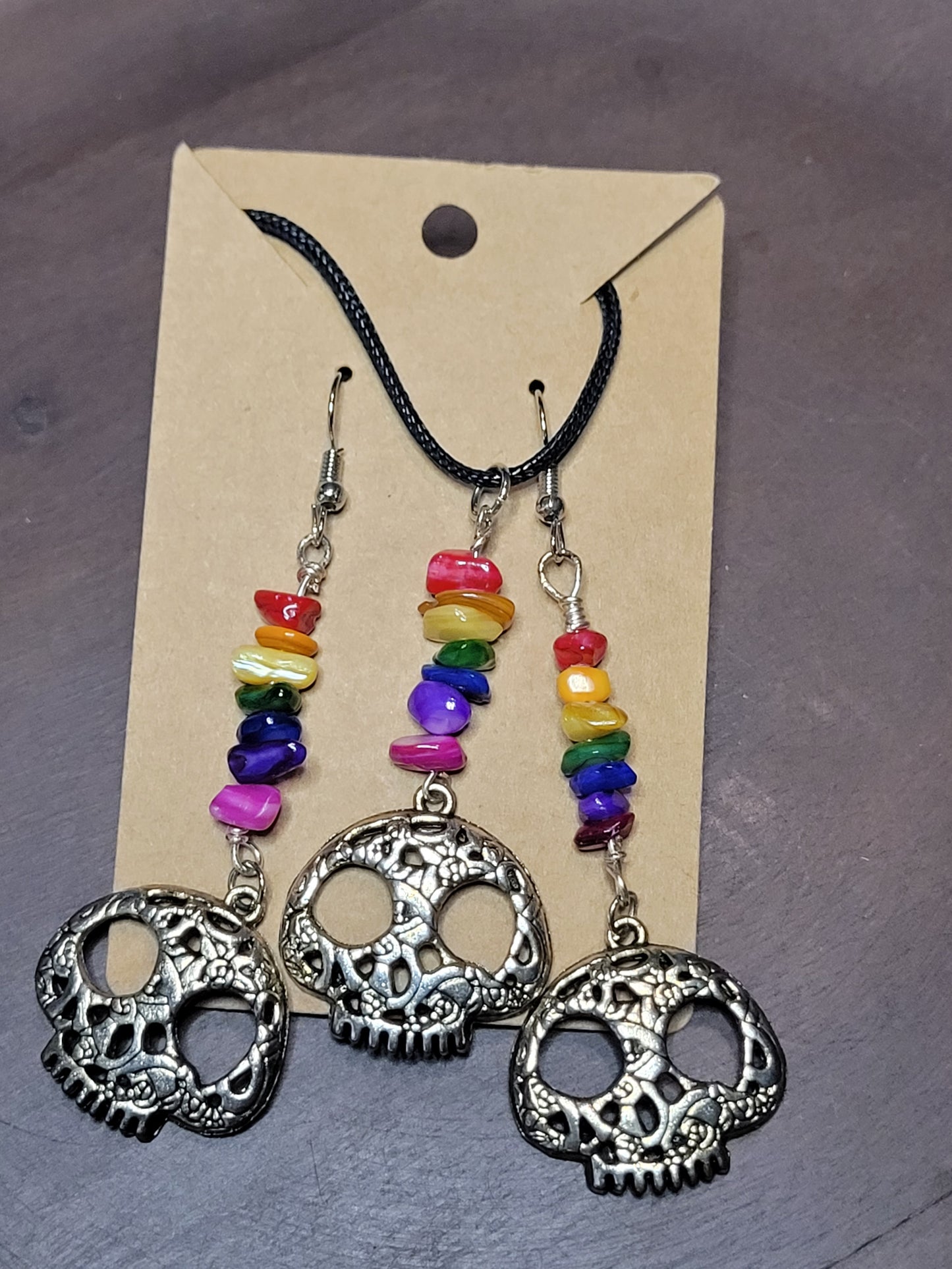 Rainbow Dyed Agate Sugar Skull Earrings & Necklace Set