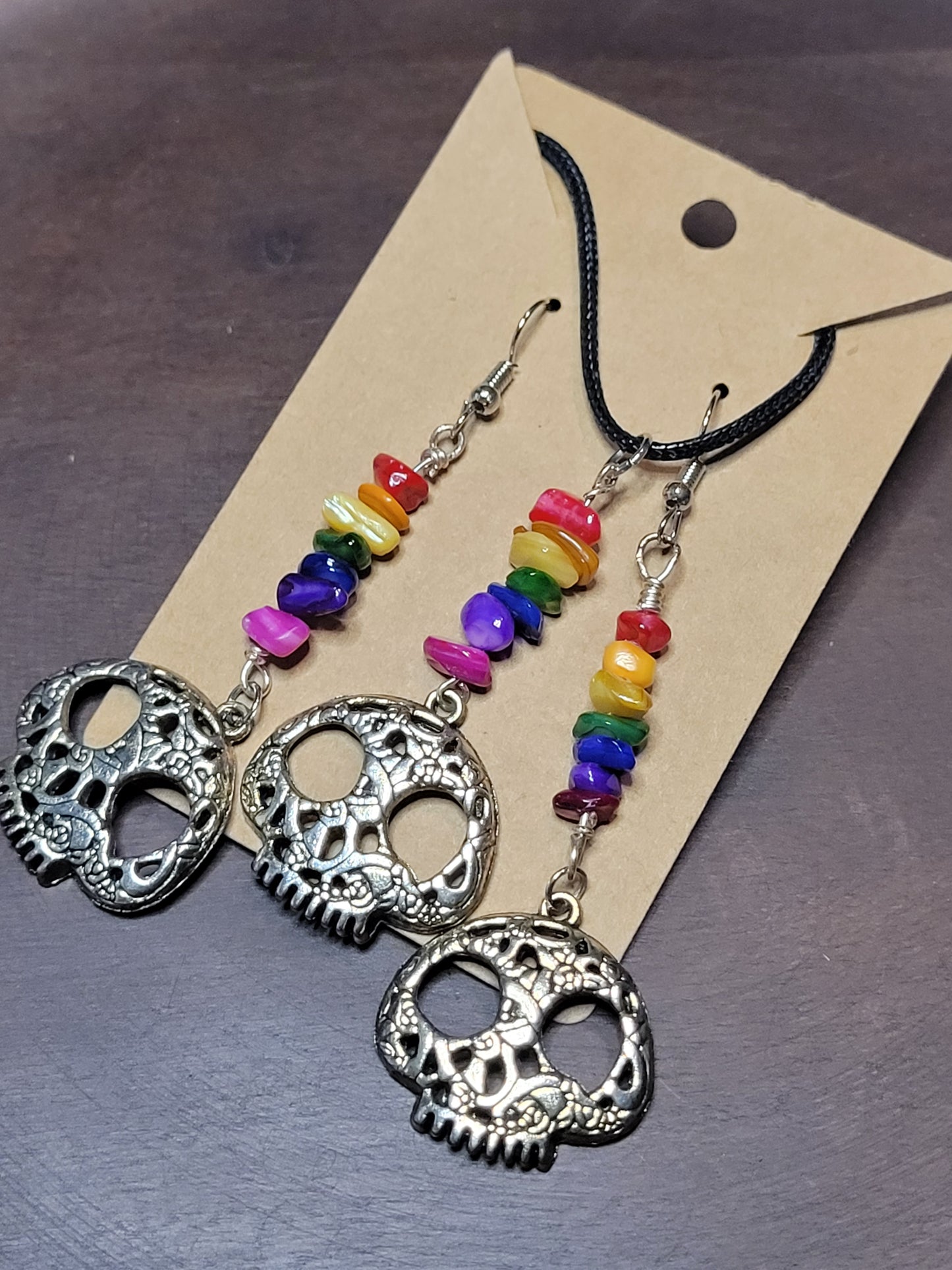 Rainbow Dyed Agate Sugar Skull Earrings & Necklace Set