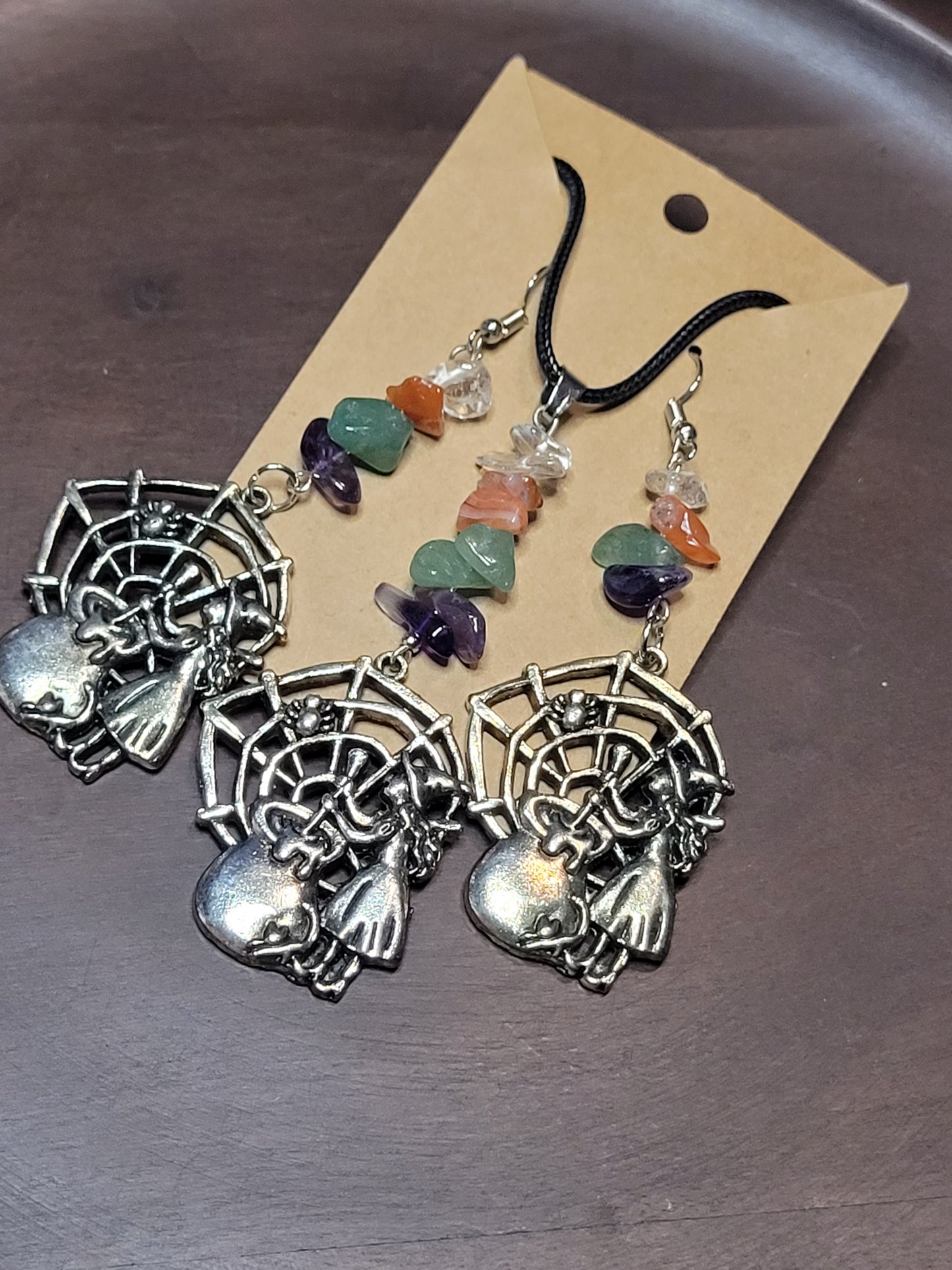 Amethyst, Clear Quartz, Carnelian, Green Aventurine WItch Earring & Necklace Set
