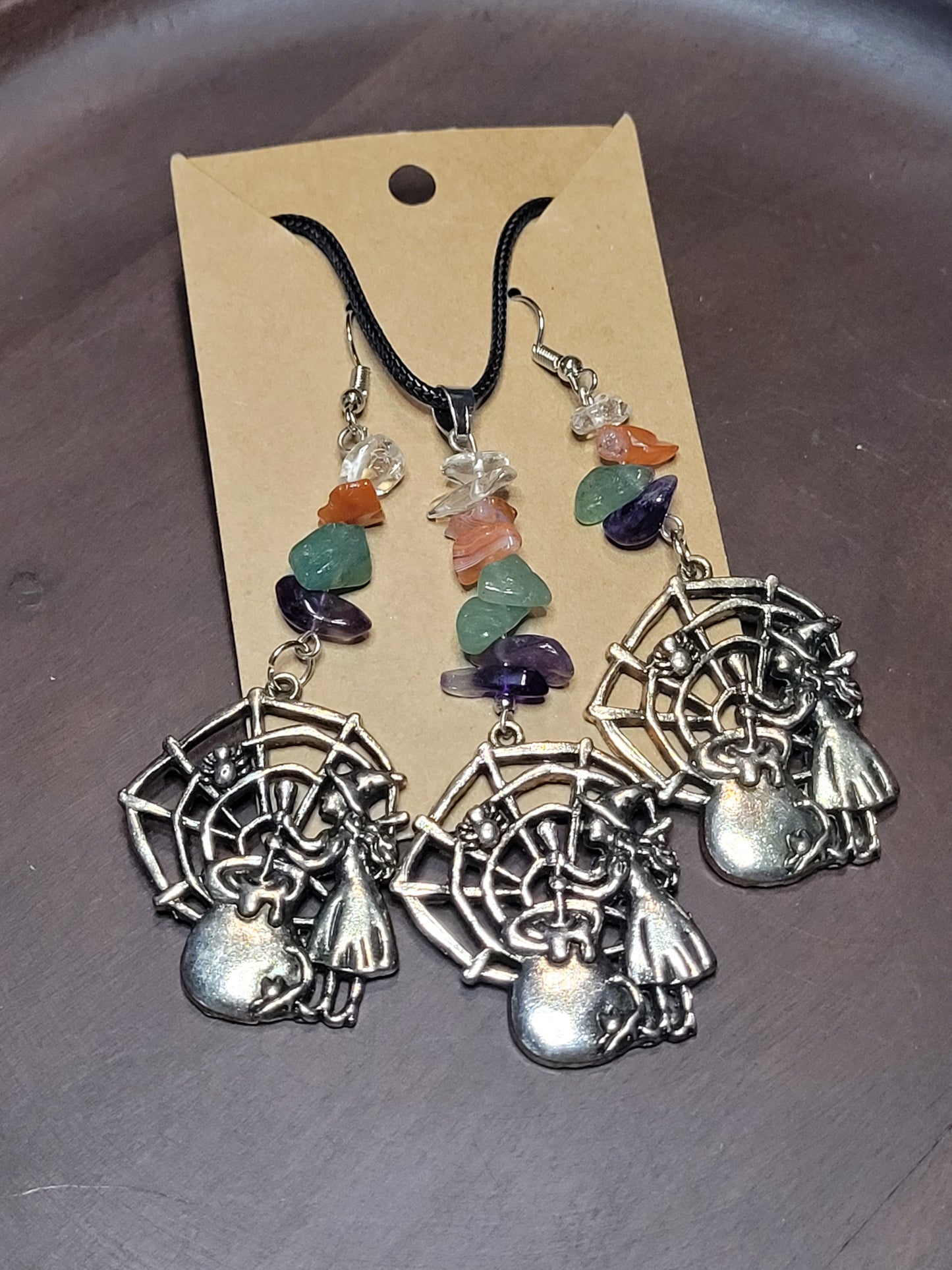 Amethyst, Clear Quartz, Carnelian, Green Aventurine WItch Earring & Necklace Set