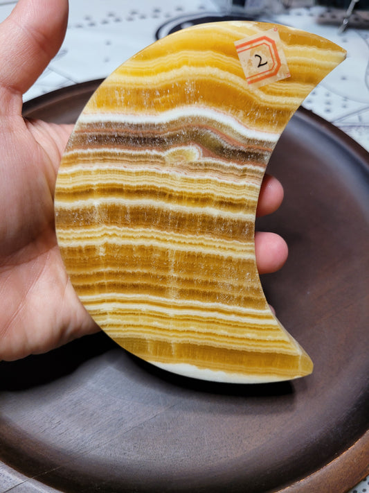Banded Yellow Calcite Moon on Stand