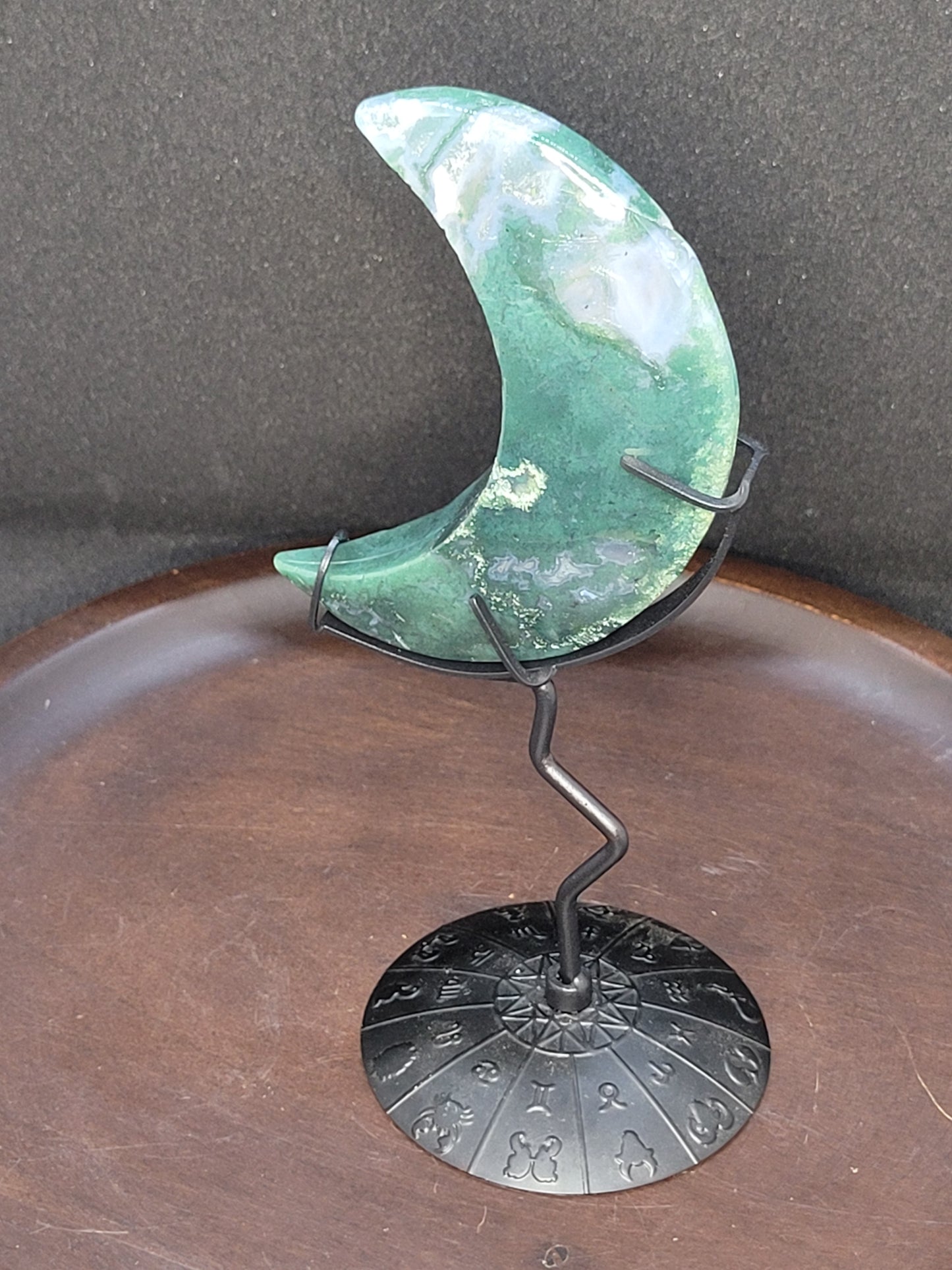 Moss Agate Crescent Moon on Stand