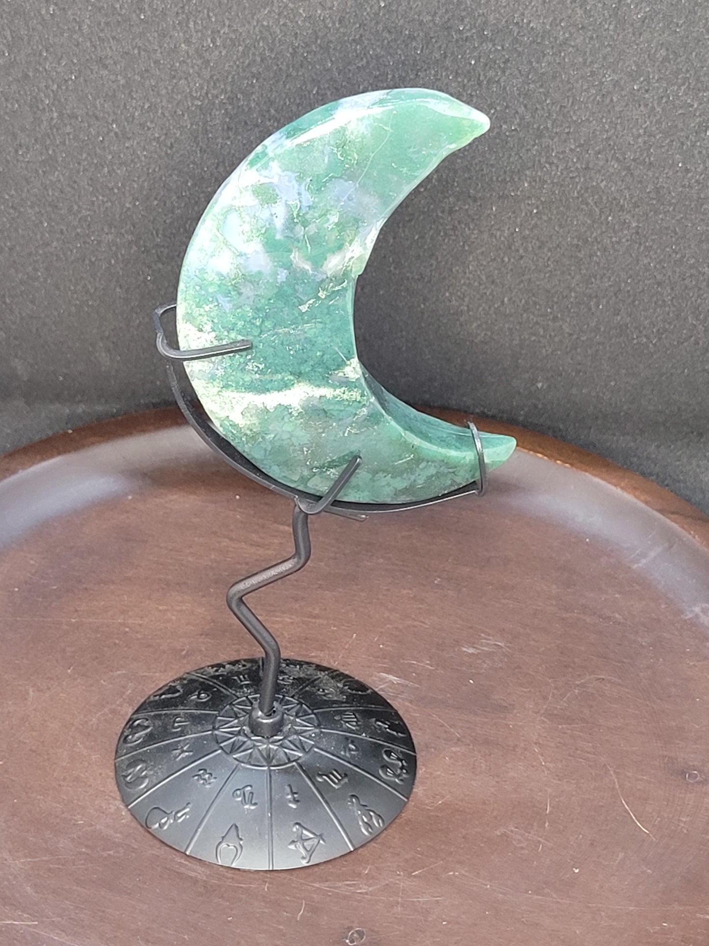 Moss Agate Crescent Moon on Stand