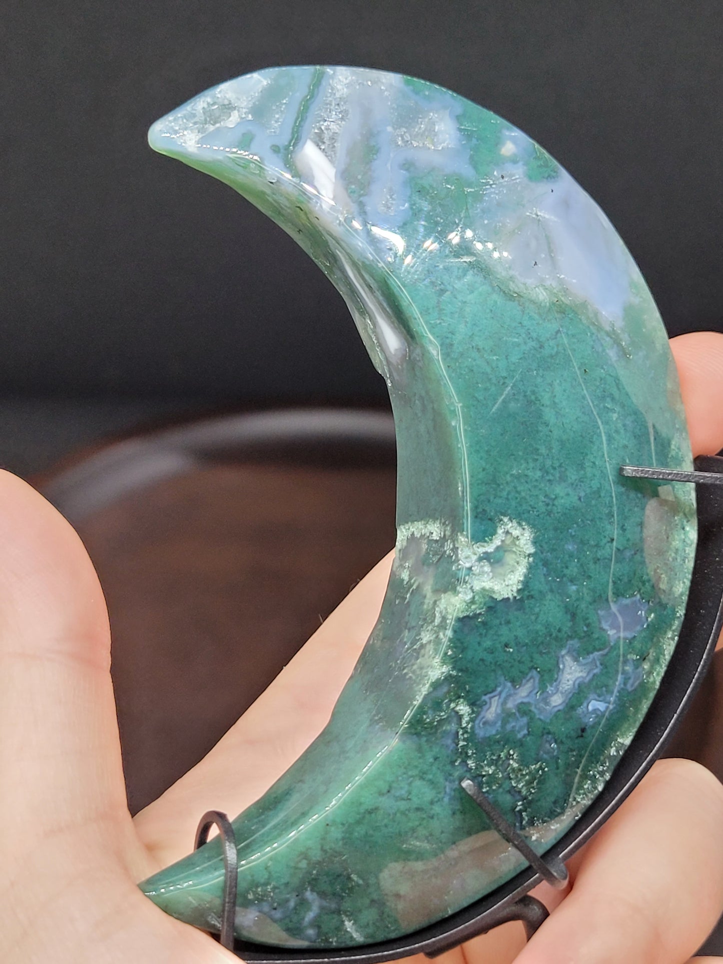 Moss Agate Crescent Moon on Stand