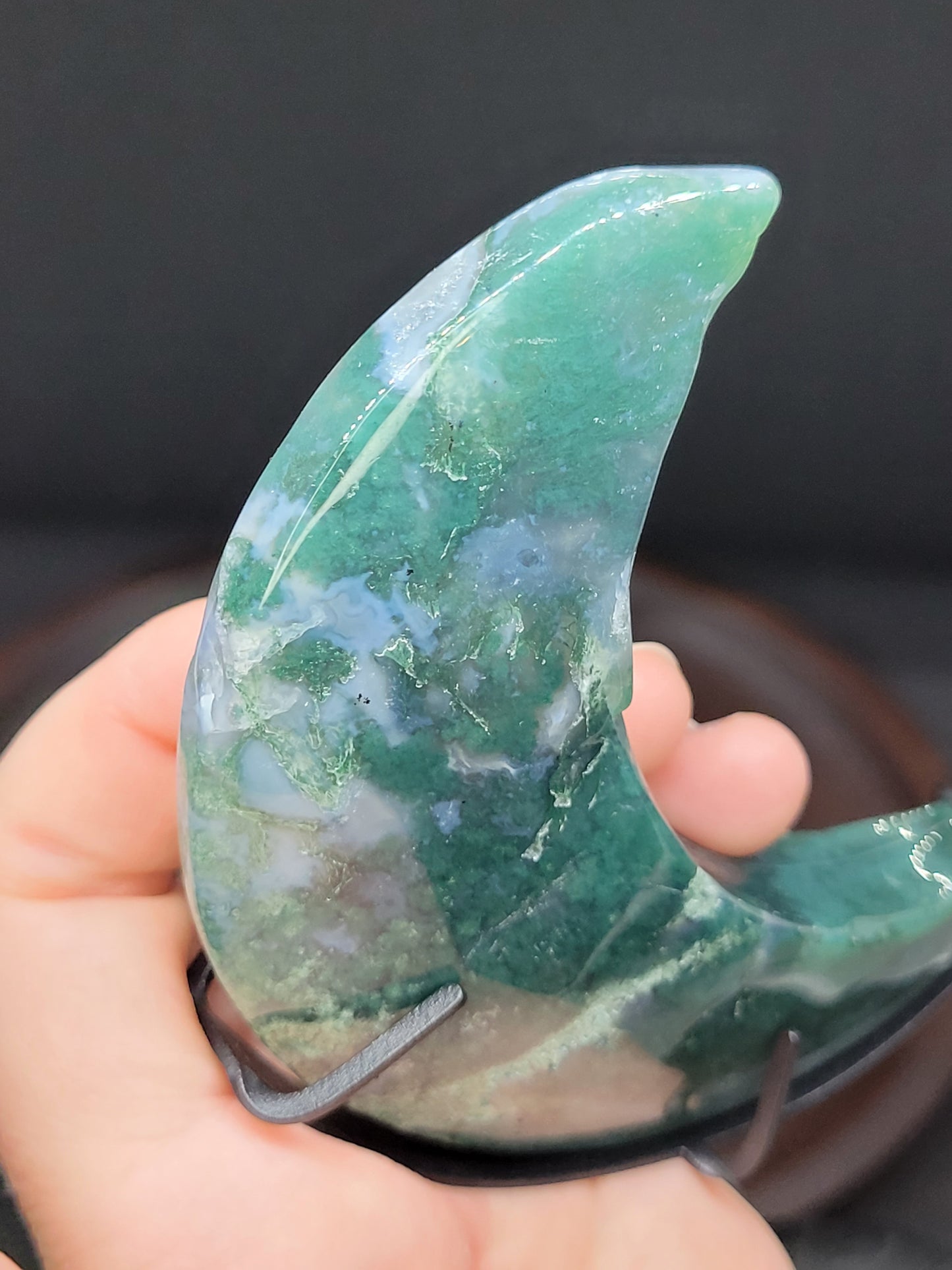 Moss Agate Crescent Moon on Stand