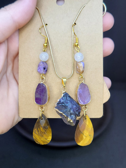 Amethyst, TIger's Eye Necklace/Earrings set